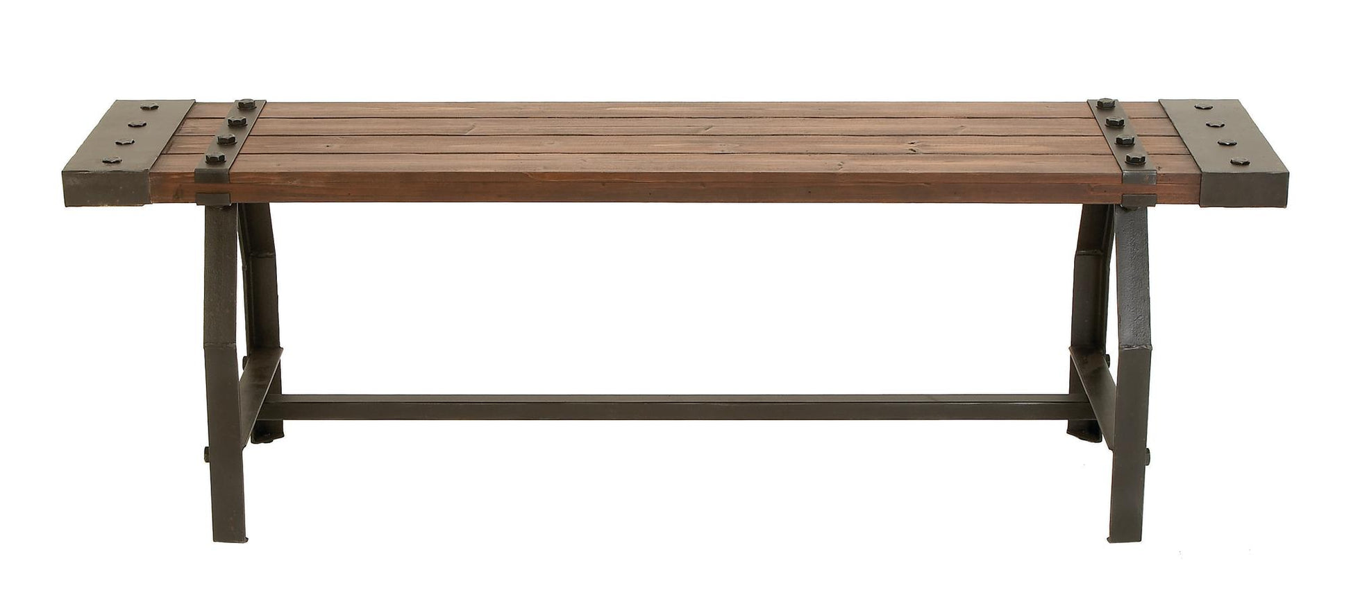 Brown Wood Slatted Home Bench with Black Metal Base and Studs