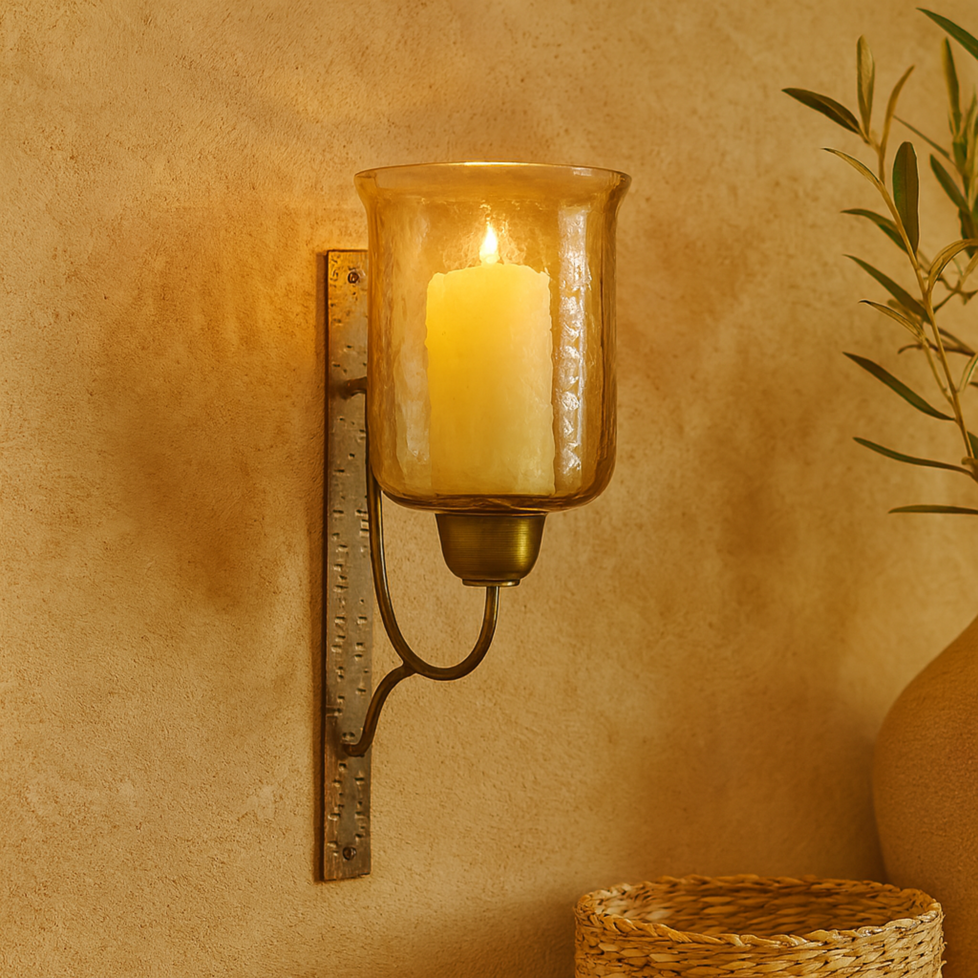 Geometric Bronze Metal Handmade Pillar Indoor Outdoor Wall Sconce with Smoked Glass