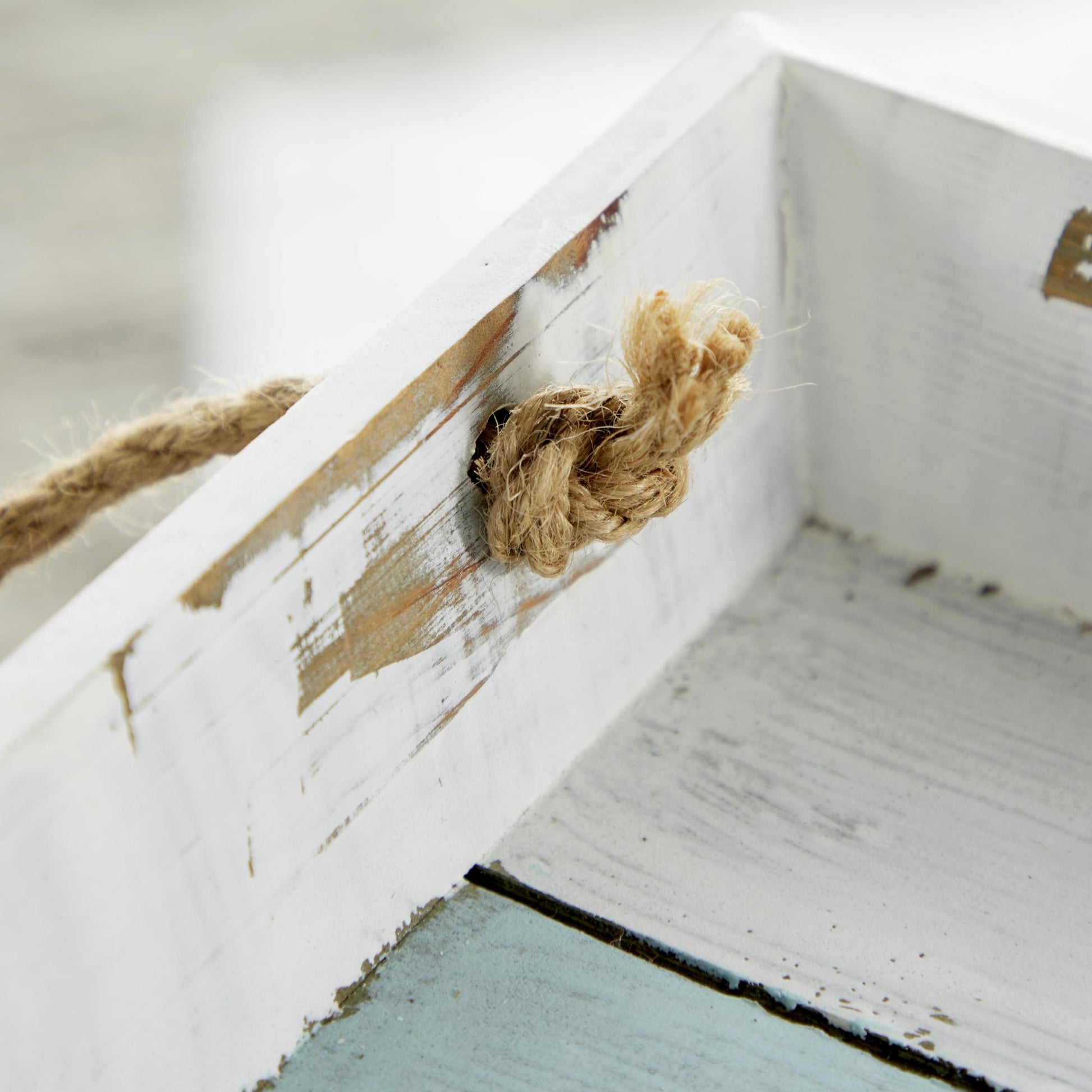 Set of 2 Nautical White Wood Distressed Living Room Decor Tray with Blue Stripes and Jute Handles
