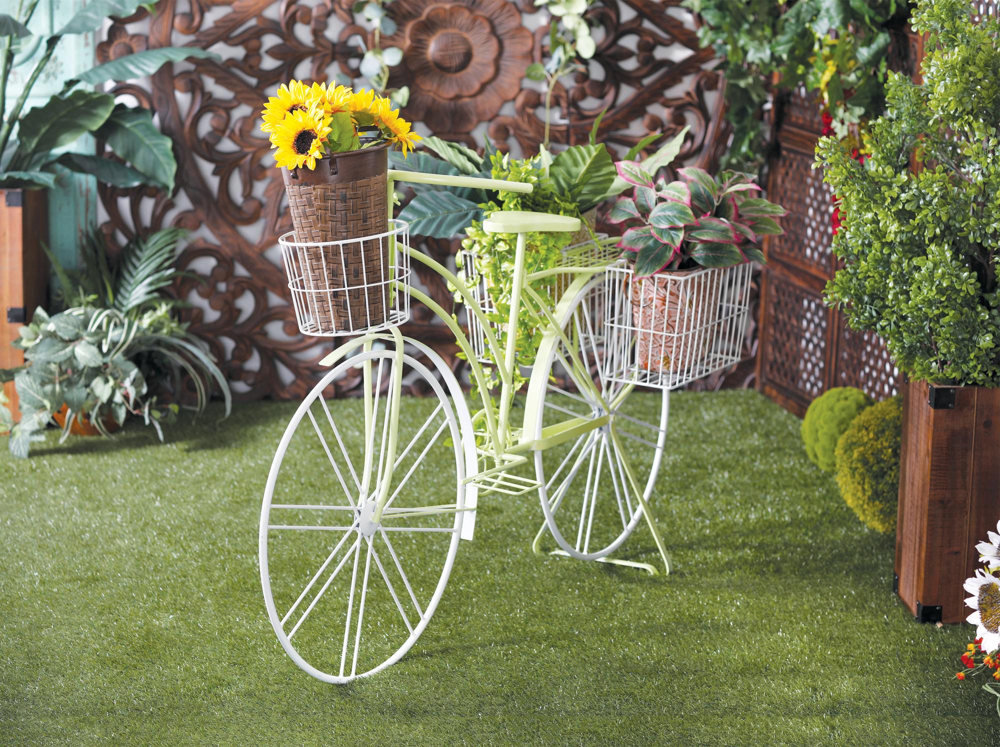 Bike Green Metal Indoor Outdoor Plantstand with Basket and Saddle Bag Planters