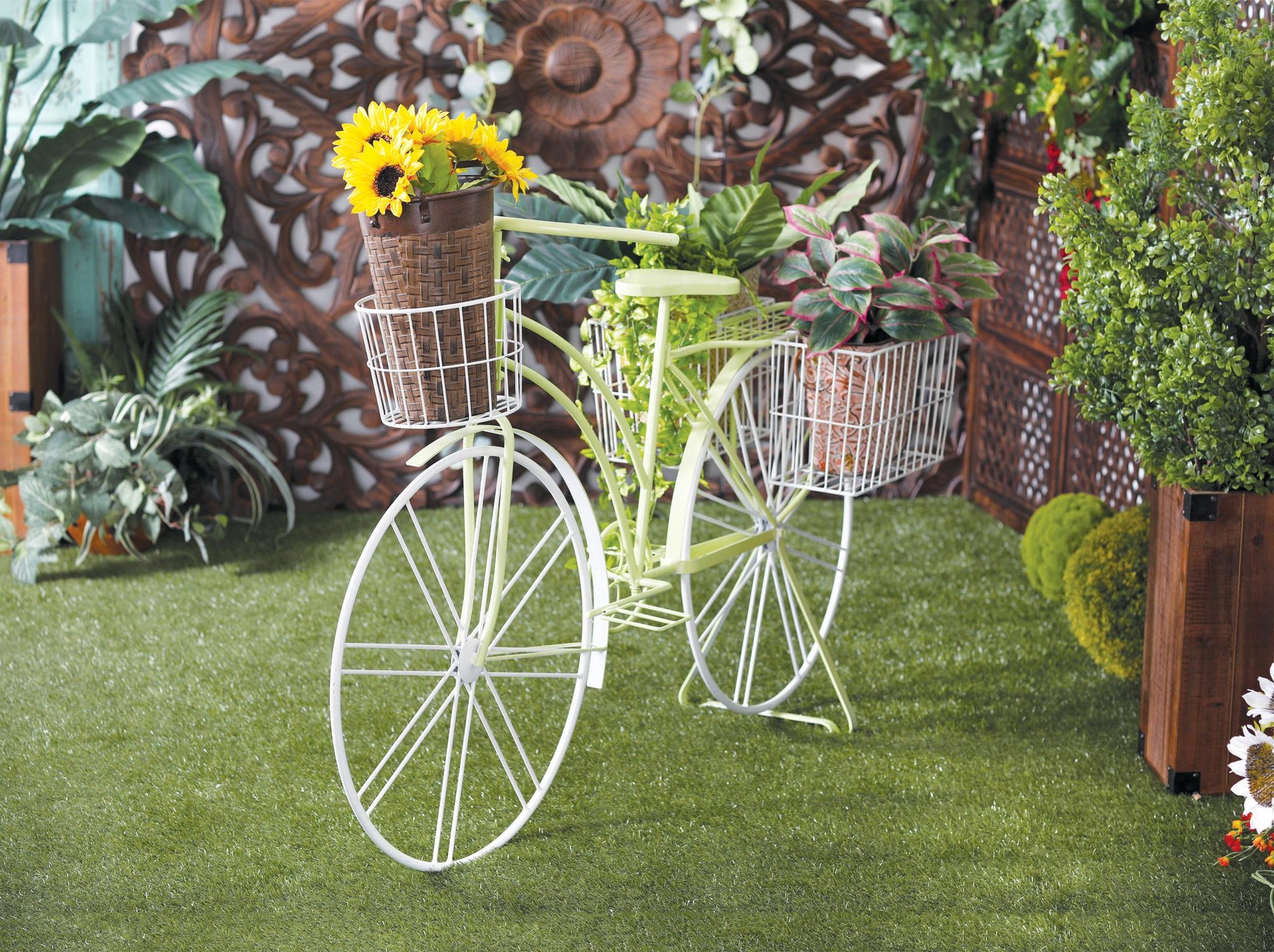 Bike Green Metal Indoor Outdoor Plantstand with Basket and Saddle Bag Planters