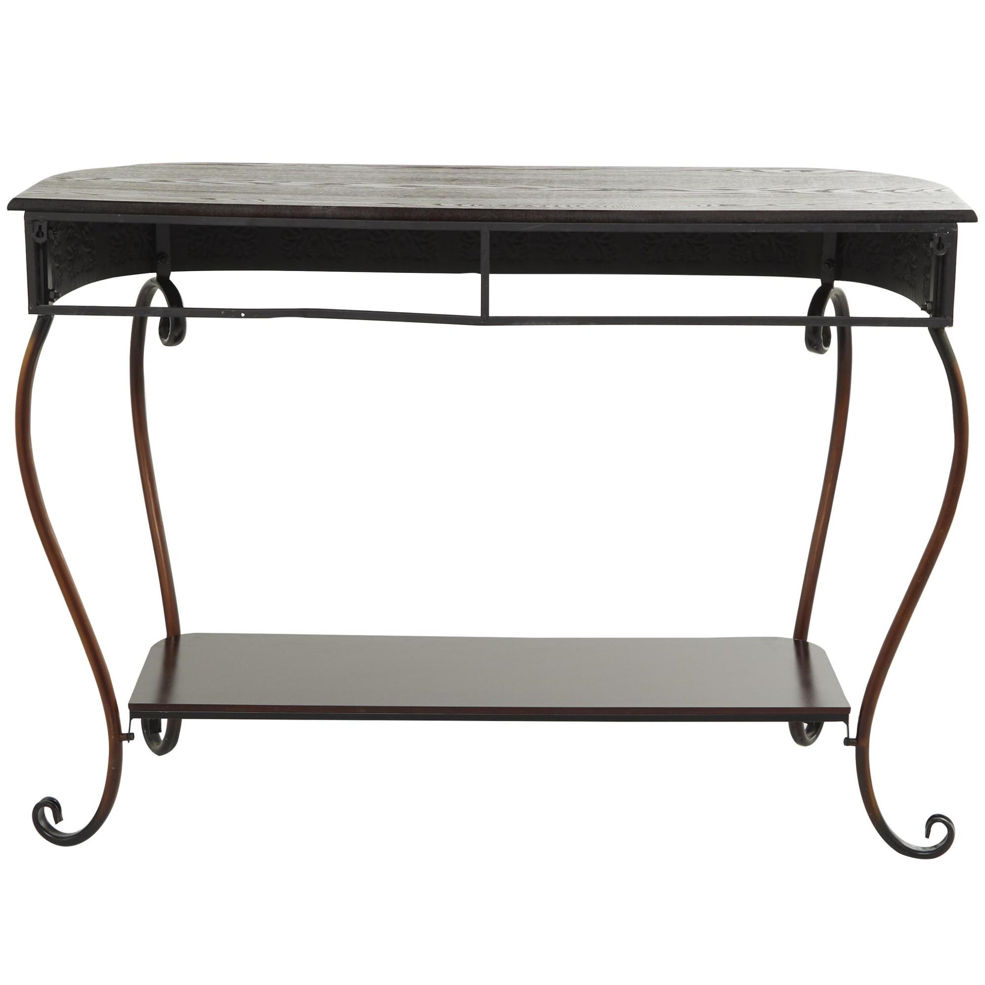 Floral Brown Metal Embossed Living Room Console Table with Ornate Scroll Legs