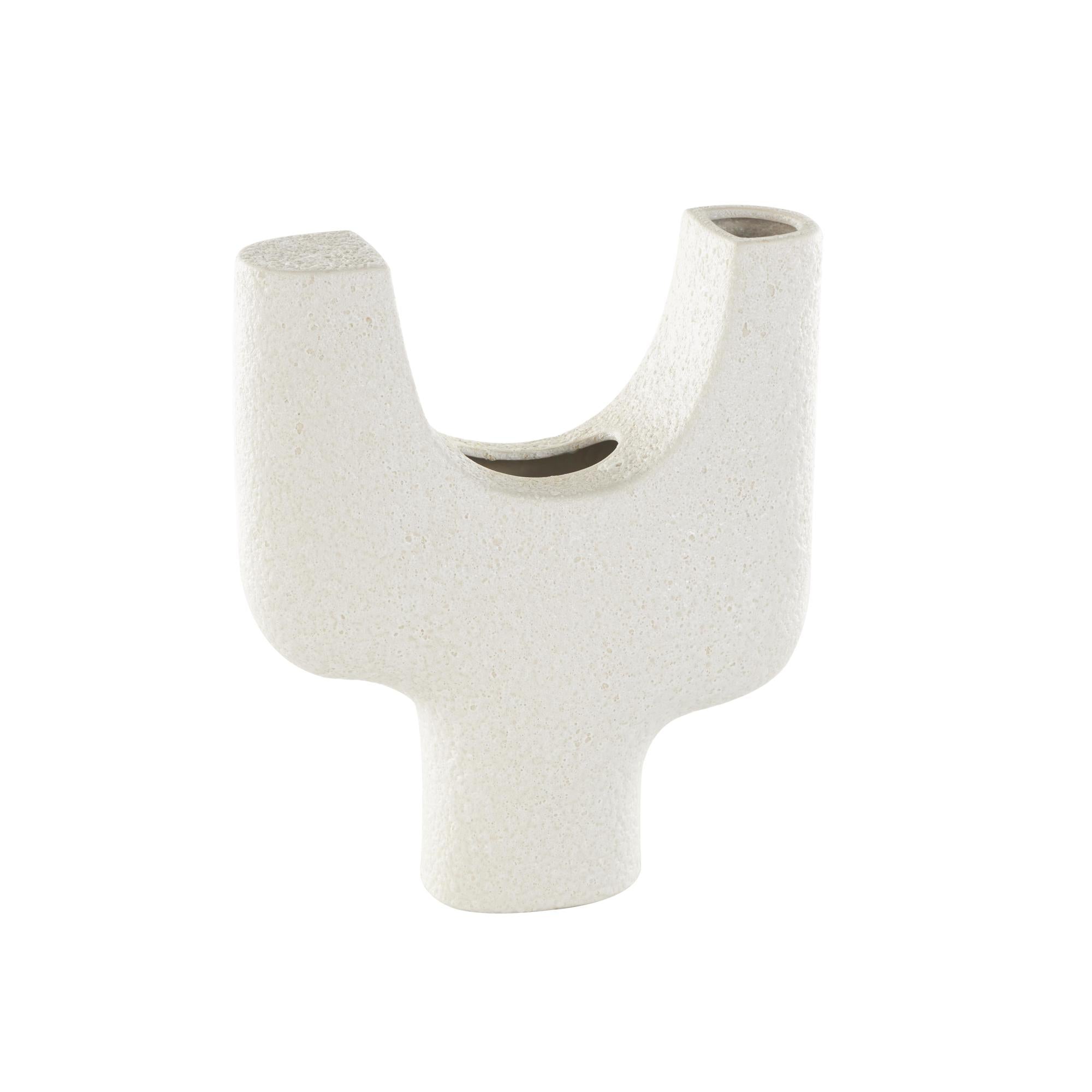 Abstract White Ceramic Curved Decorative Vase with Dual Openings and Speckled Texturing