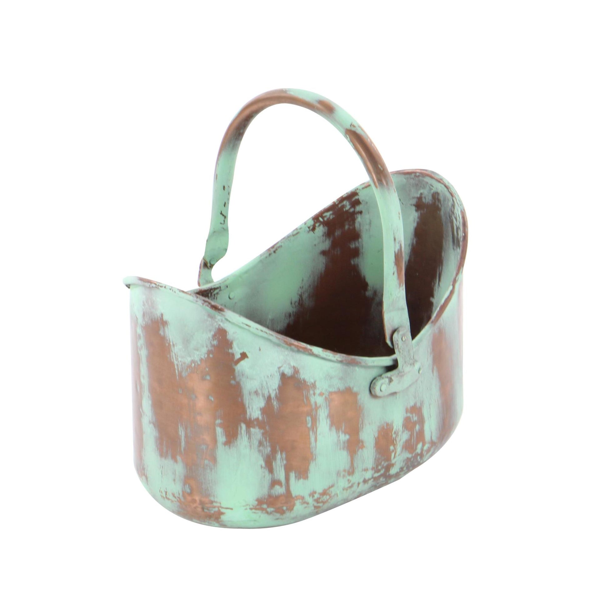 Set of 3 Copper Metal Patina Tulip Style Bucket Indoor Outdoor Planter with Stationary Handles