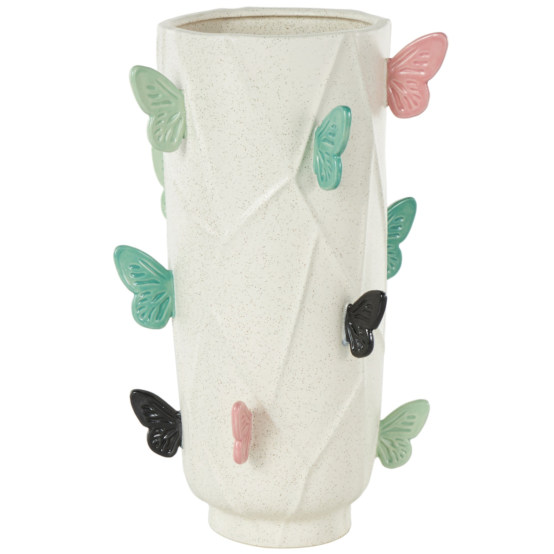 Butterfly White Ceramic Wide Decorative Vase with Multicolor Accents