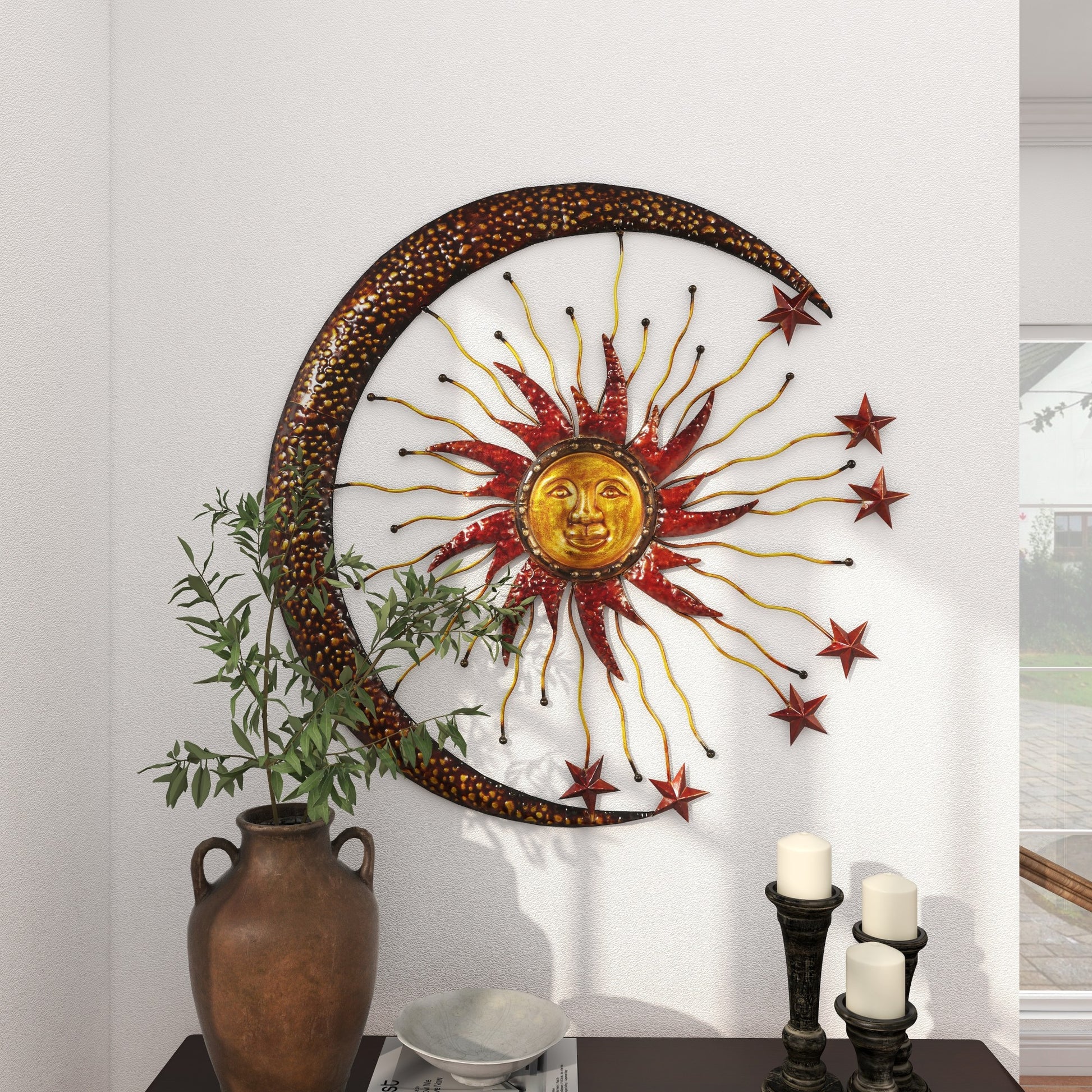 Sun and Moon Copper Metal Indoor Outdoor Home Wall Decor with Stars