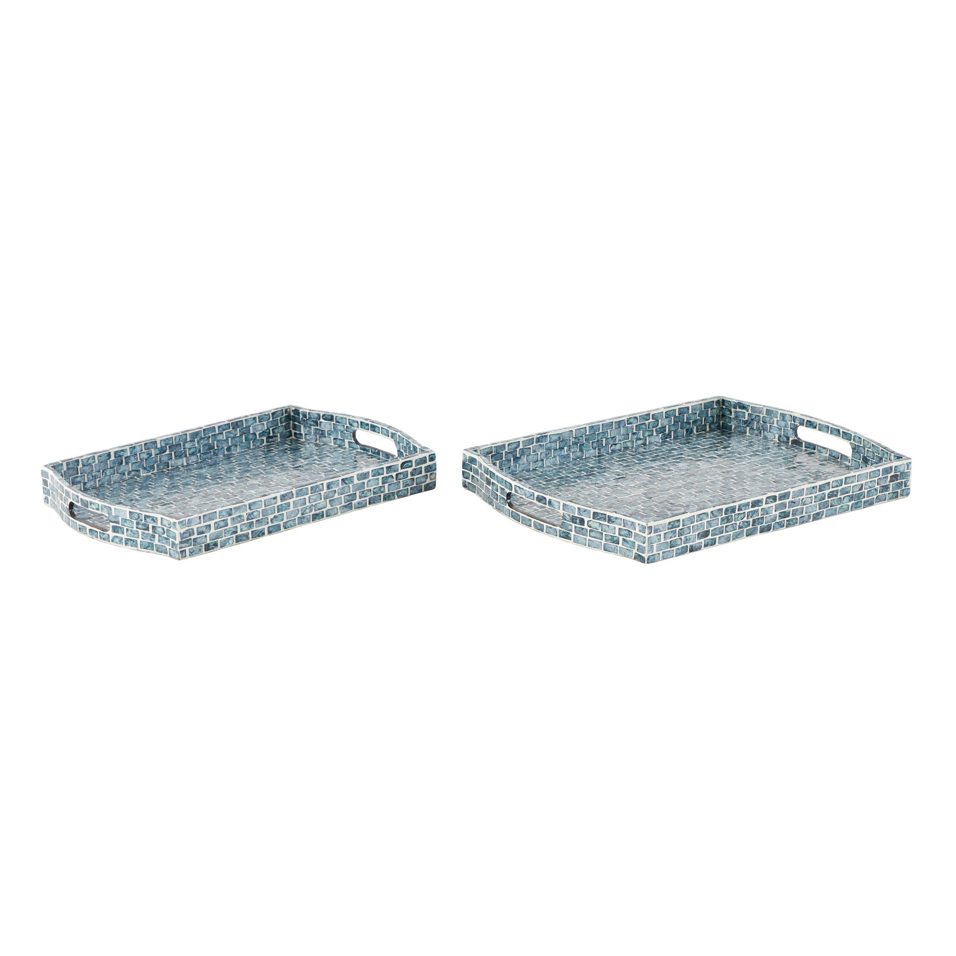 Set of 2 Blue Wood Living Room Decor Tray with Slot Handles