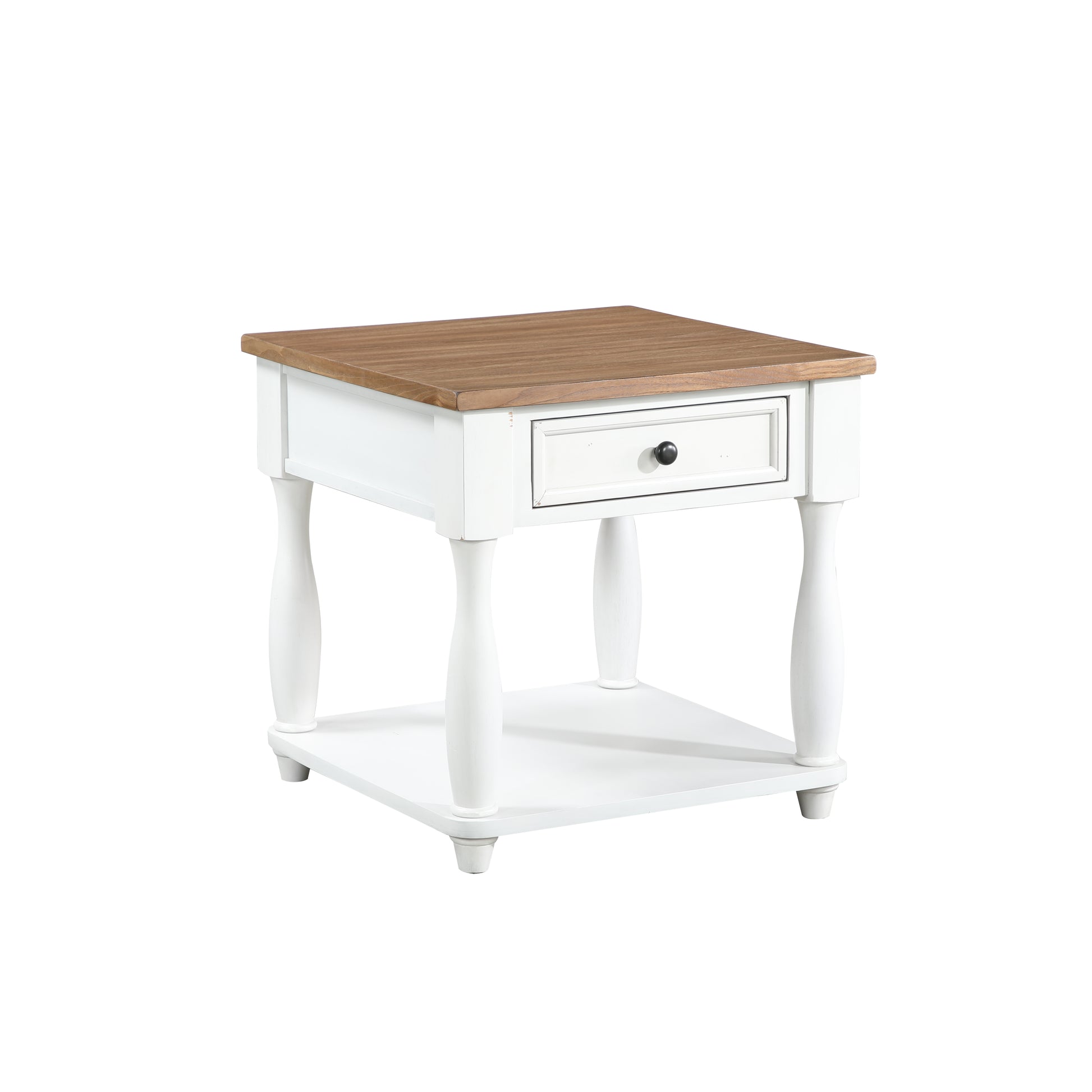 White Wood Square 1 Drawer Side End Accent Table with Brown Wood Tabletop and Turned Legs