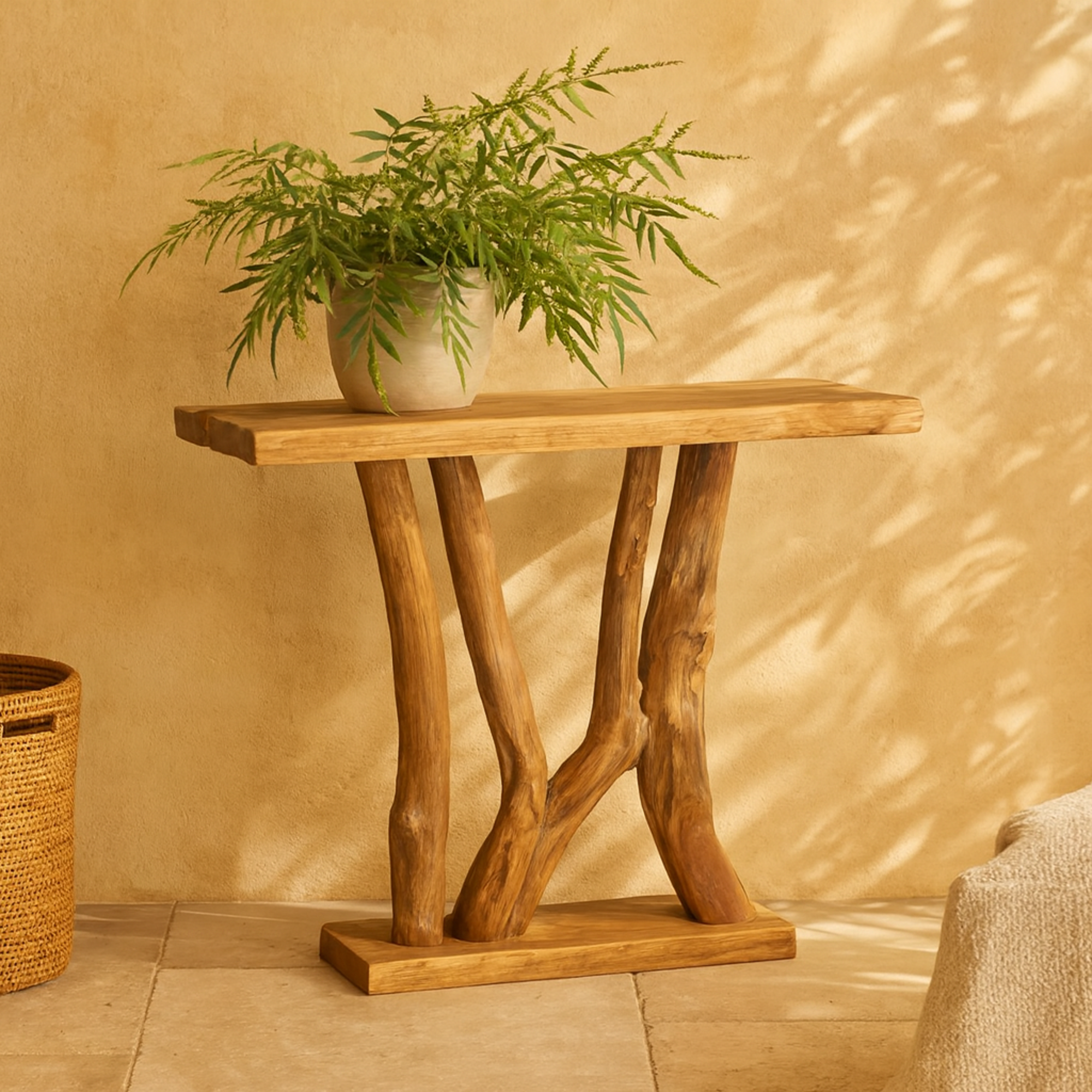 Brown Teak Wood Small Live Edge Tree Trunk Living Room Console Table