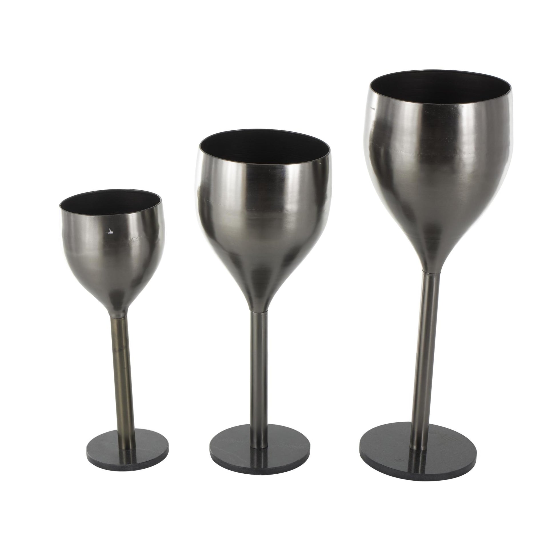 Set of 3 Wine Silver Metal Glass Inspired Indoor Outdoor Planter with Black Marble Base