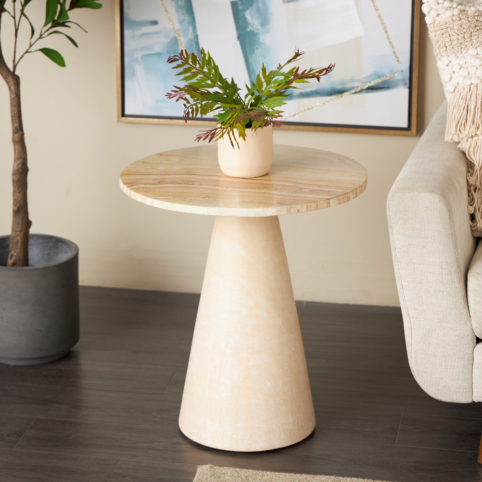 Cream Teak Wood Handmade Cone Side End Accent Table with Beige Marble Tabletop