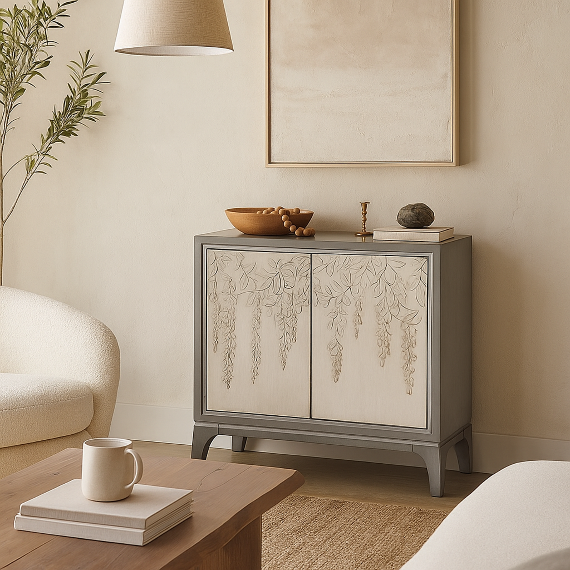 Floral Gray Wooden Relief 2 Door Room Cabinet with Cream Front Doors and Cascading Leaf Design