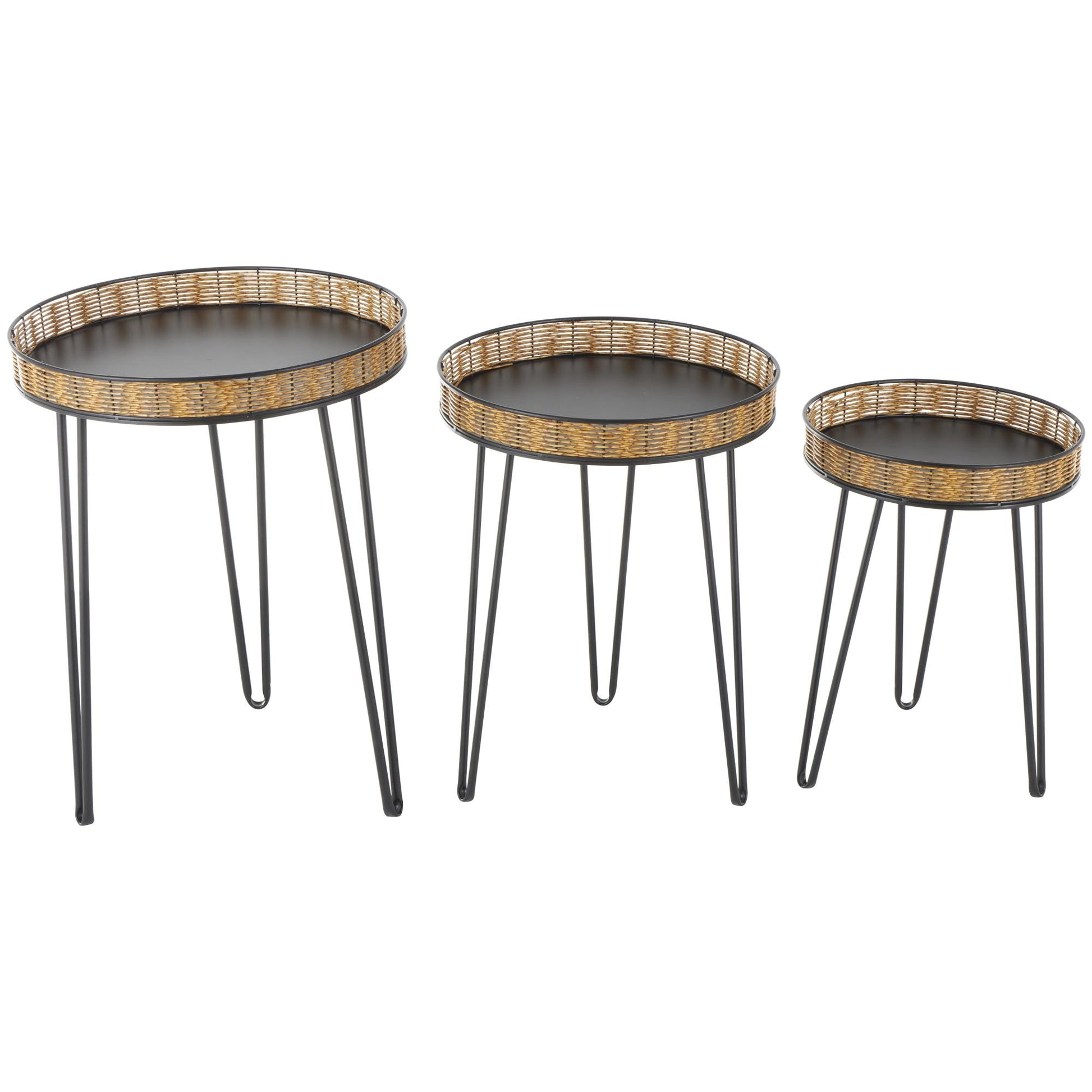 Set of 3 Black Metal Handmade Side End Accent Table with Rattan Edges Tabletops