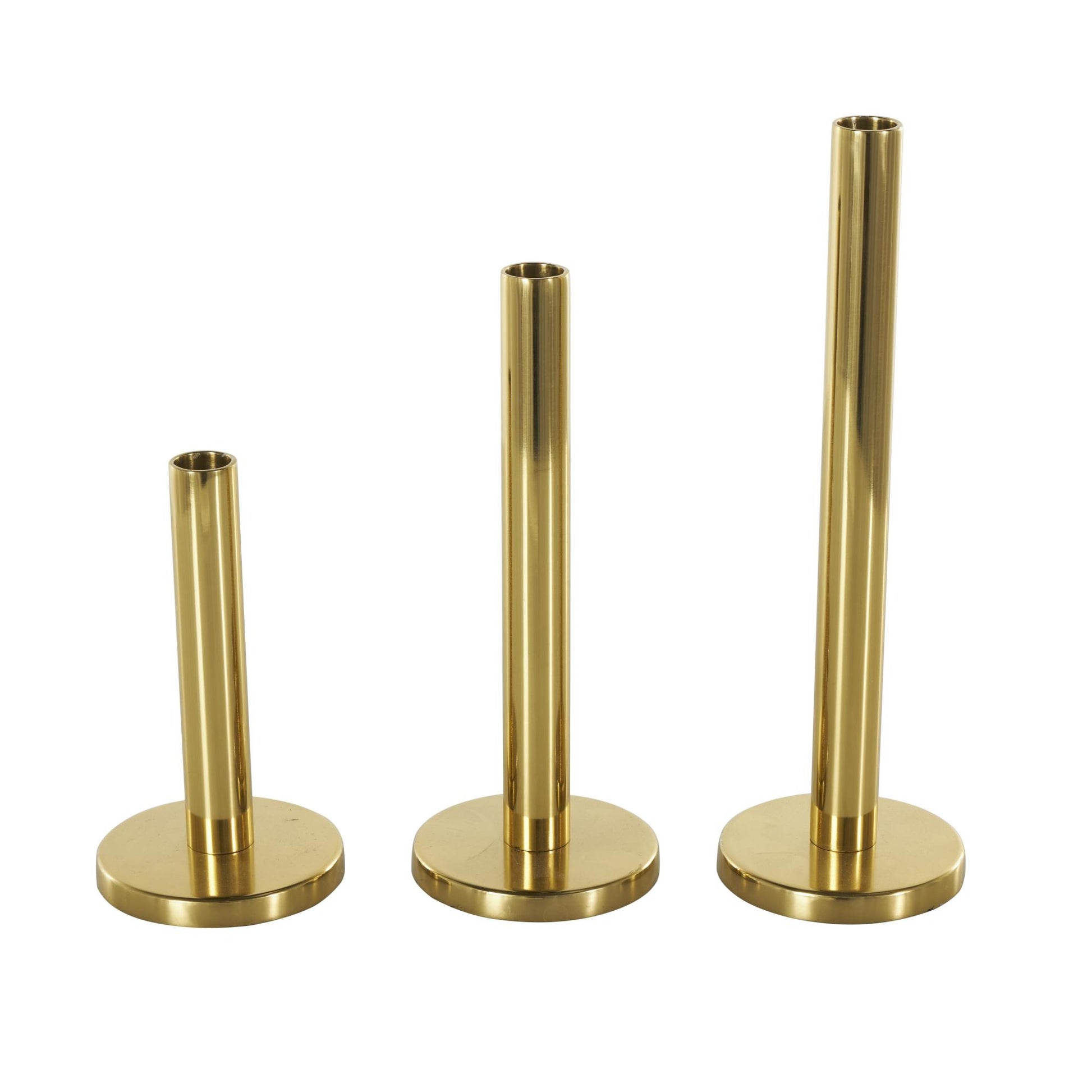 Set of 3 Gold Stainless Steel Metal Slim Decorative Candle Holder with Round Base