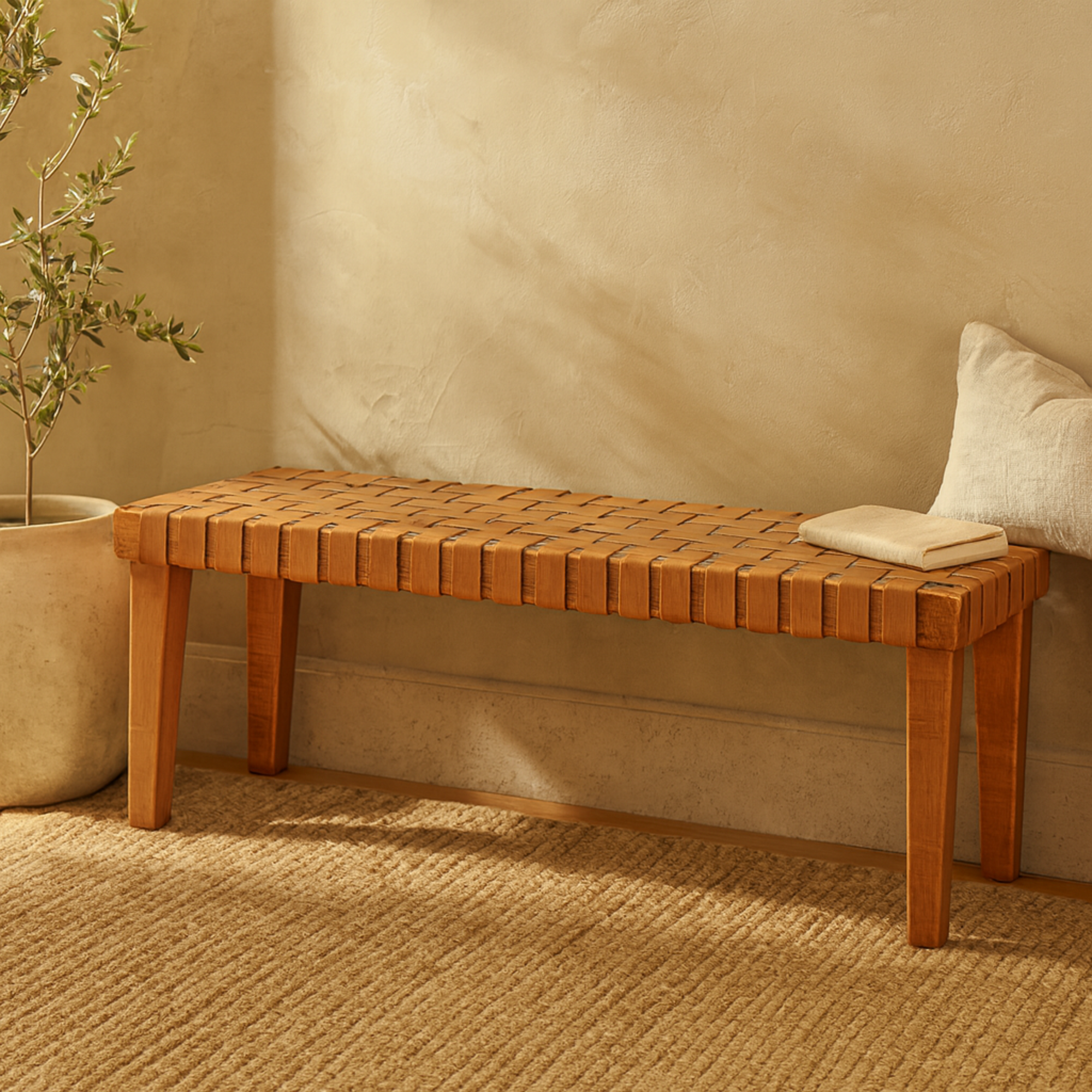 Brown Faux Leather Handmade Woven Home Bench with Wood Frame