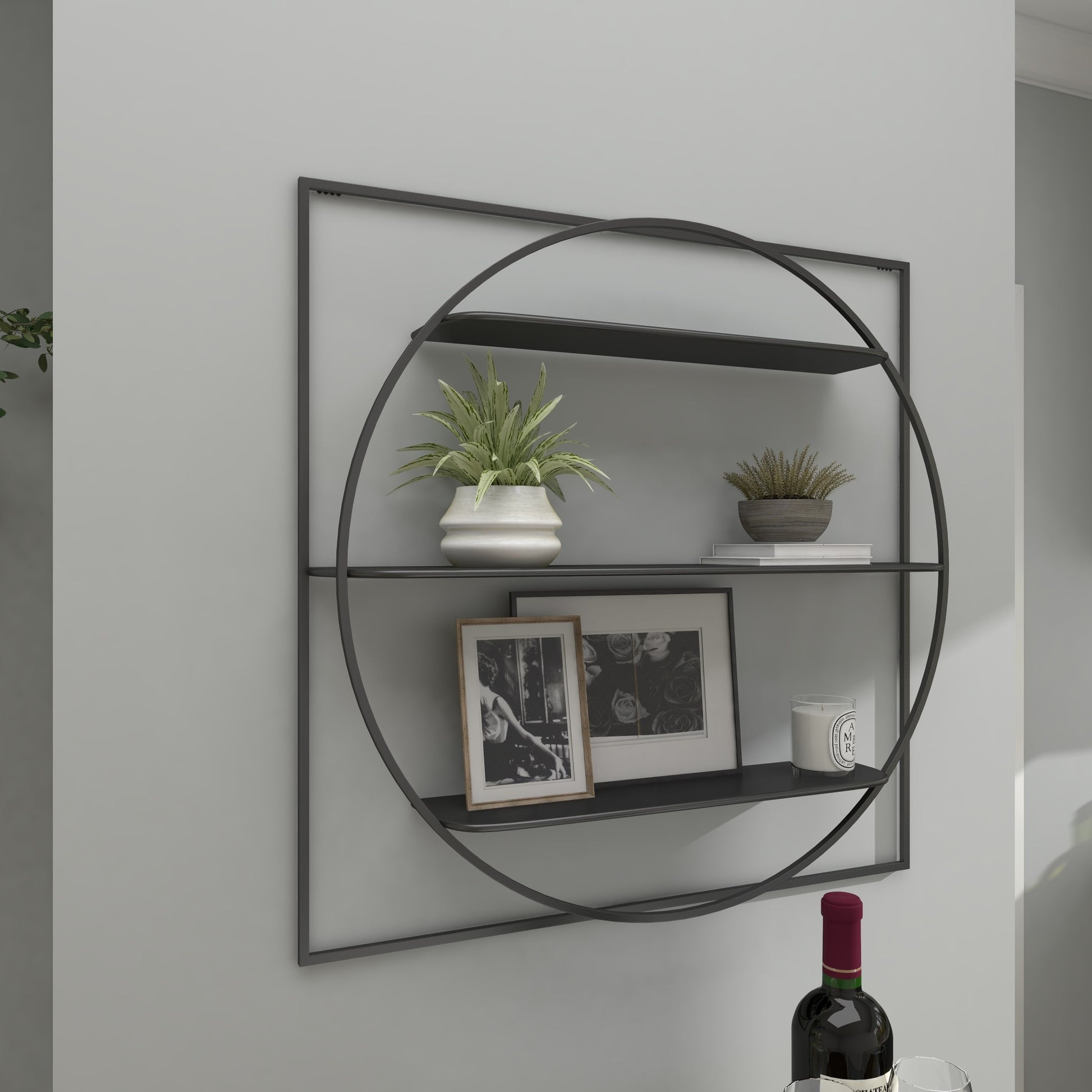 Geometric Black Metal Square 3 Shelf Room Wall Shelf with Circle Frame