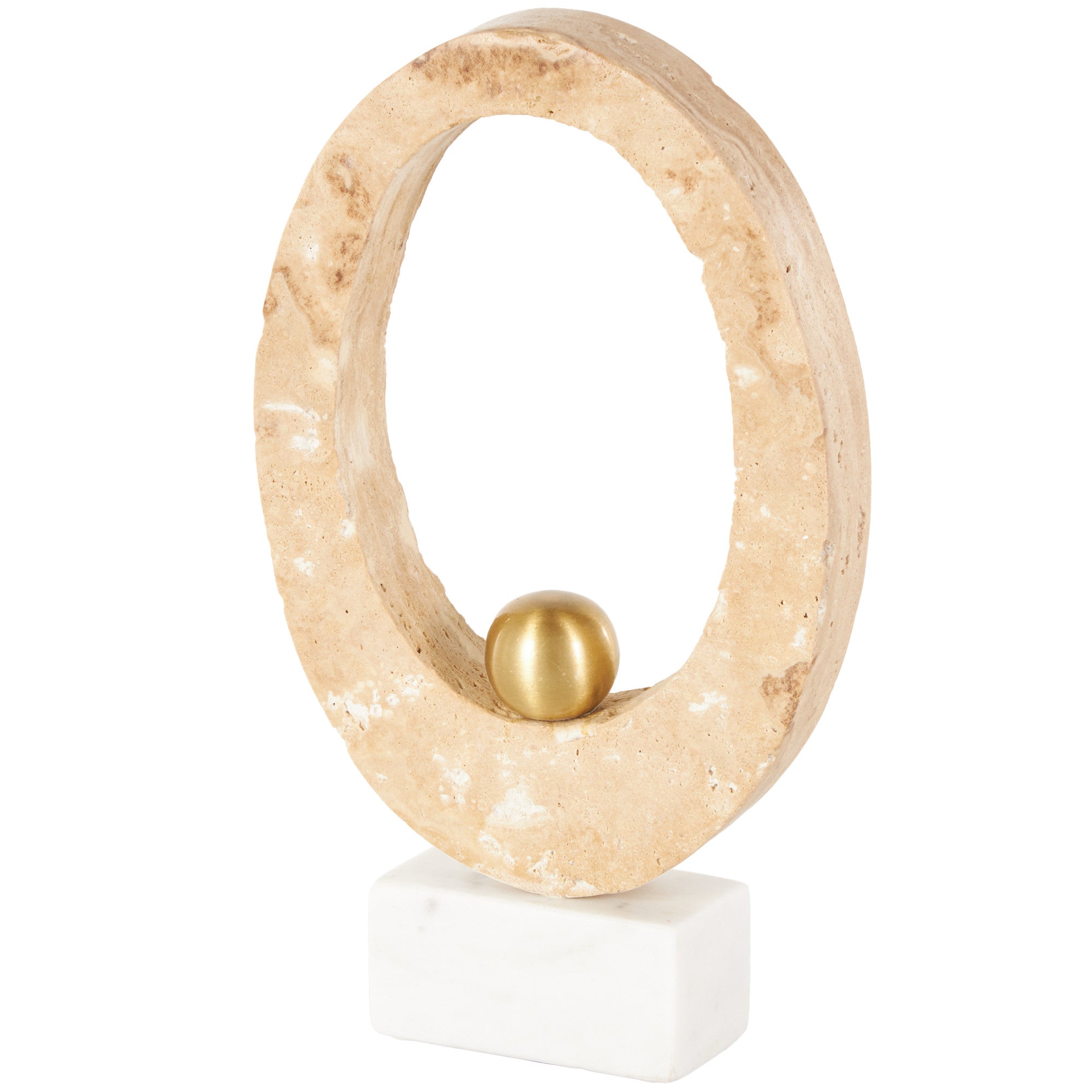 Abstract Cream Marble Oval Decorative Sculpture with Gold Ball and White Base