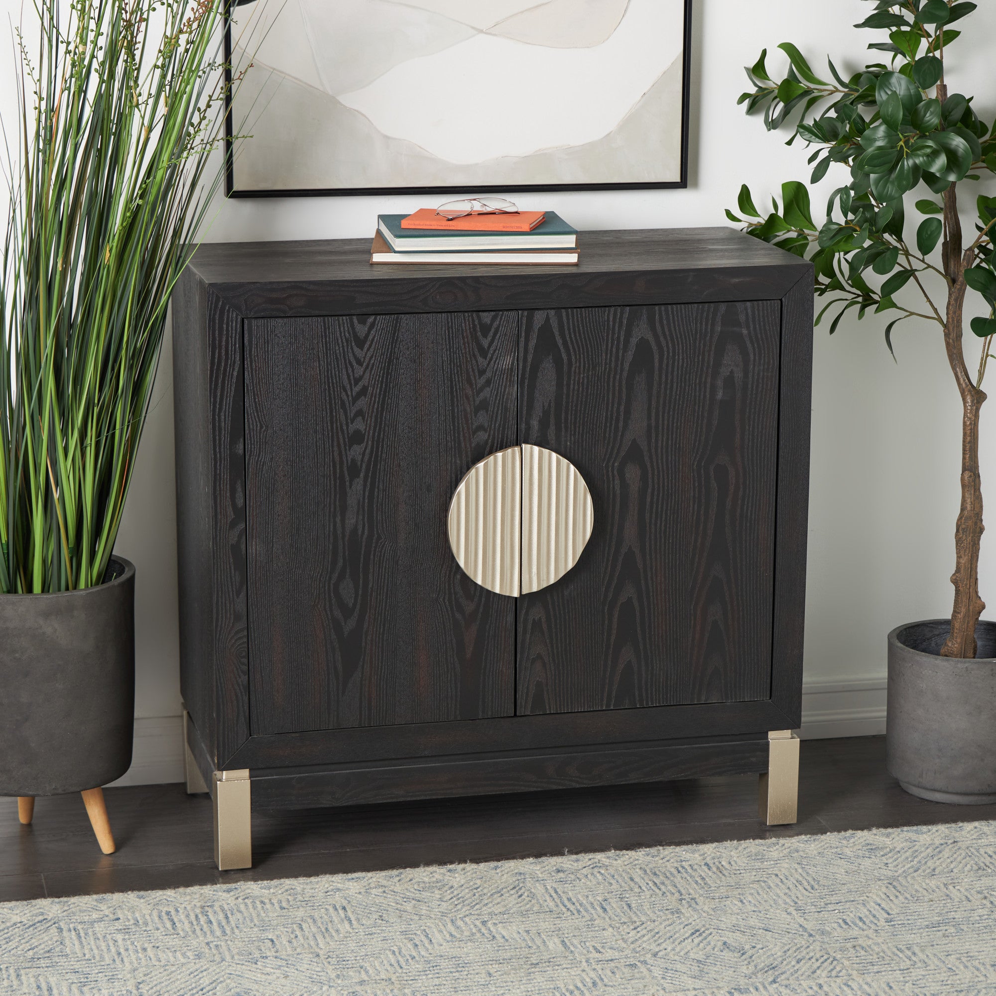 Geometric Black Wooden 2 Door Room Cabinet with Gold Textured Half-Moon Handles and Red Accents