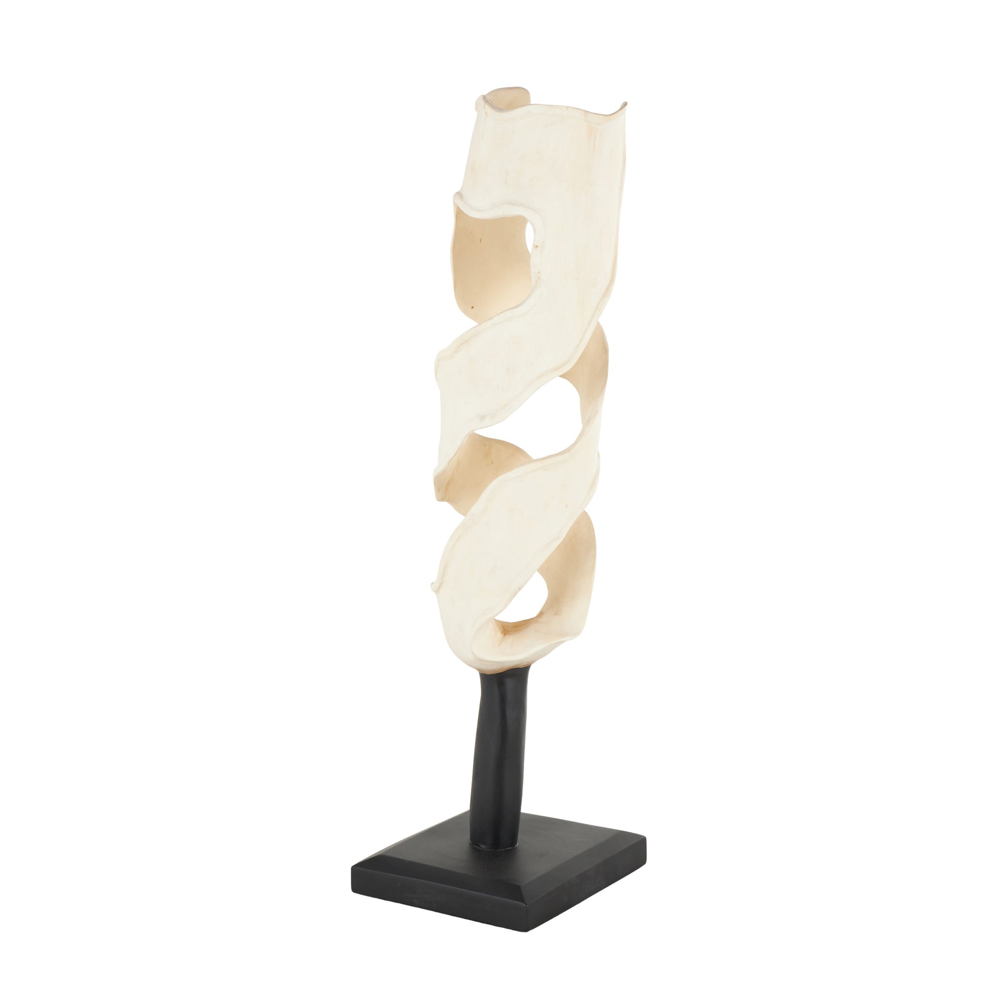 Abstract Cream Teak Wood Handmade Live Edge Intertwined Decorative Sculpture with Black Square Base