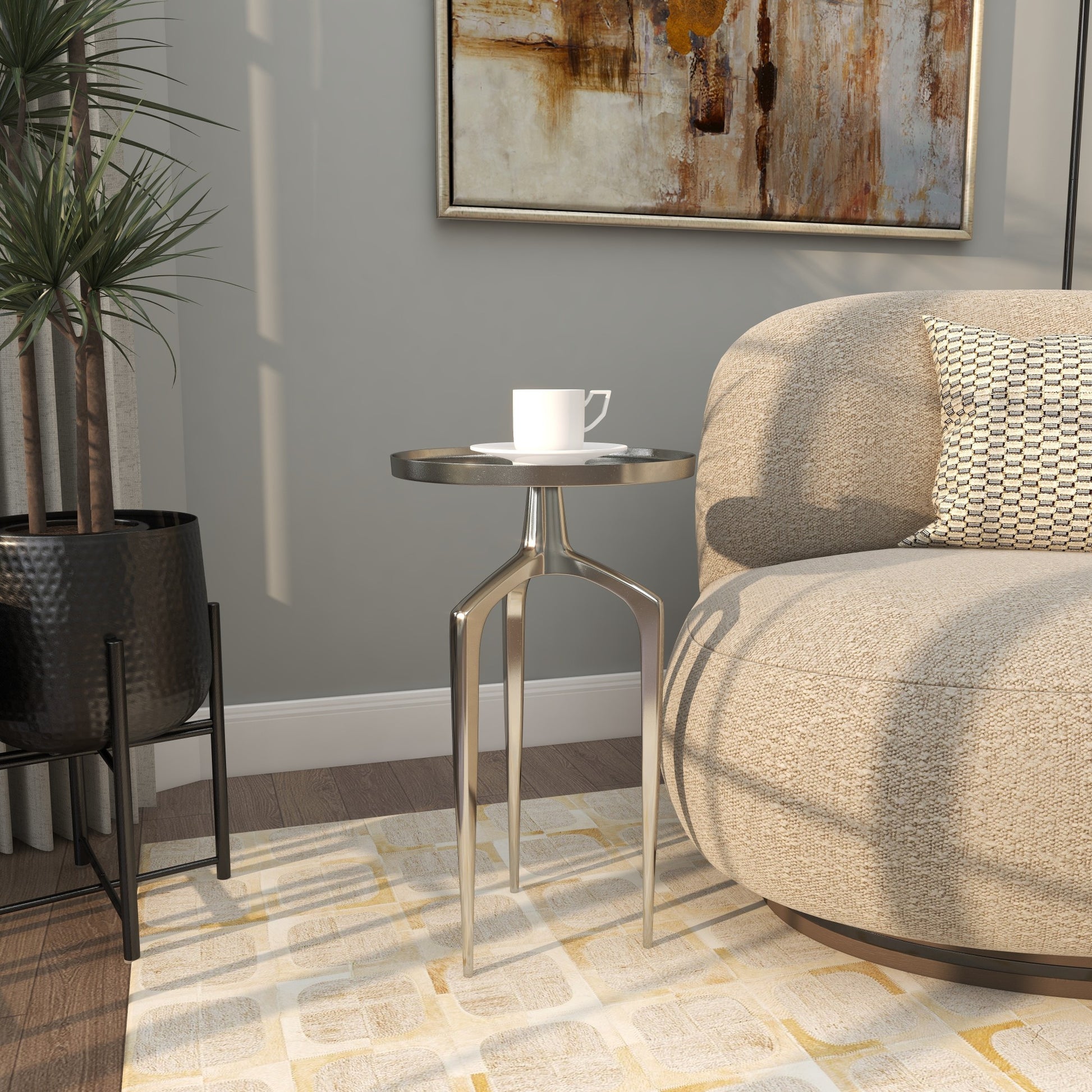 Aluminum Metal Tray Inspired Top Side End Accent Table with 3 Tripod Legs