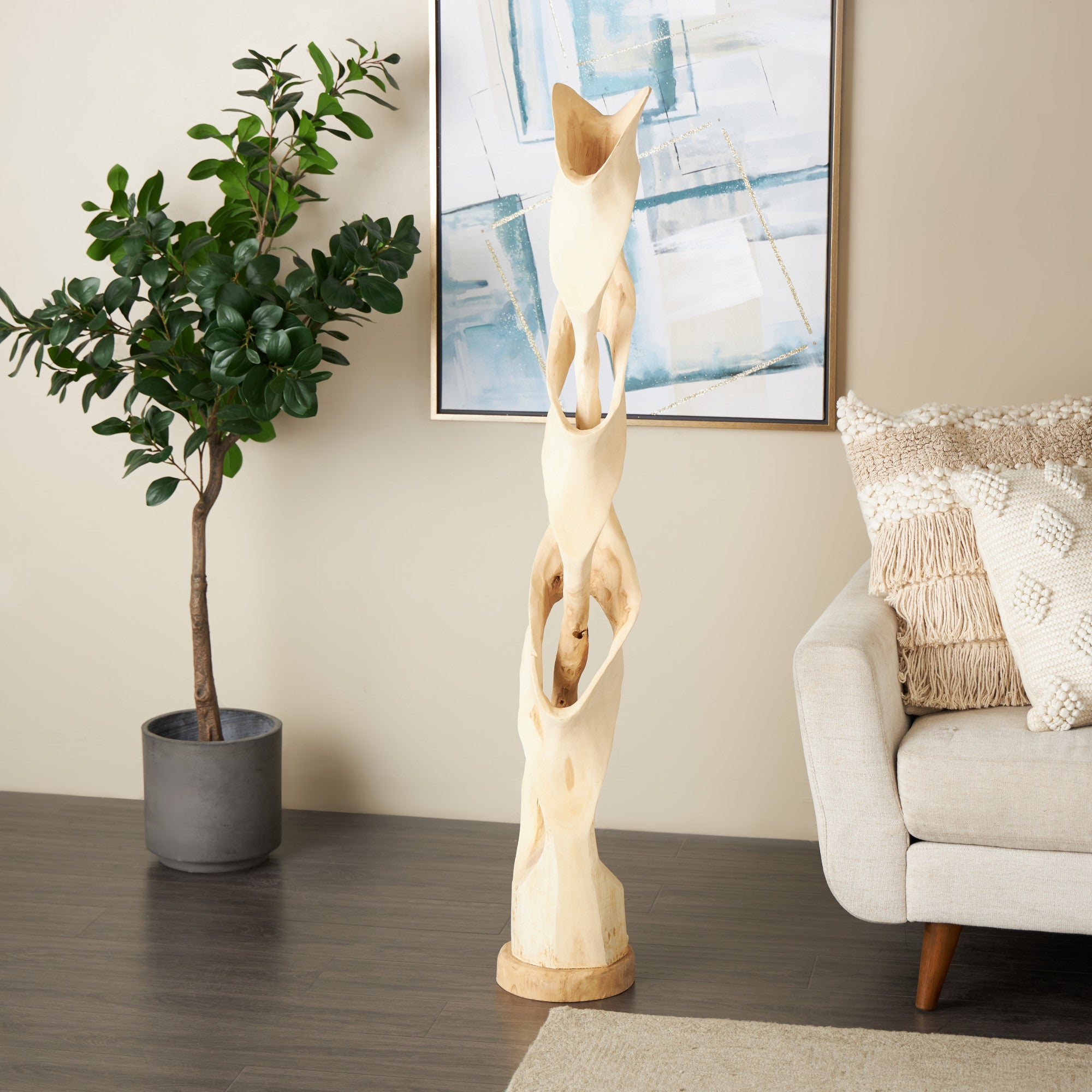 Abstract Light Brown Teak Wood Handmade Live Edge Intertwined Post Floor Decorative Sculpture