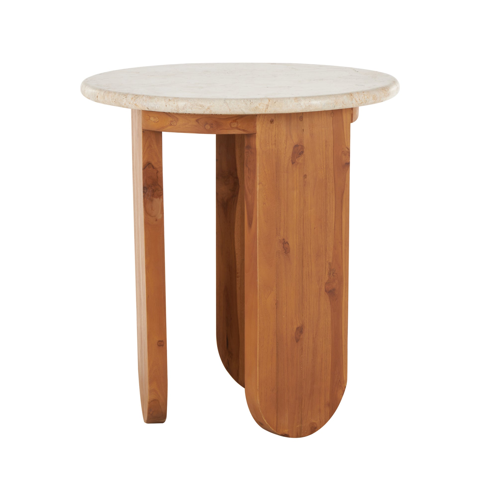Brown Teak Wood Handmade Side End Accent Table with Beige Marble Tabletop