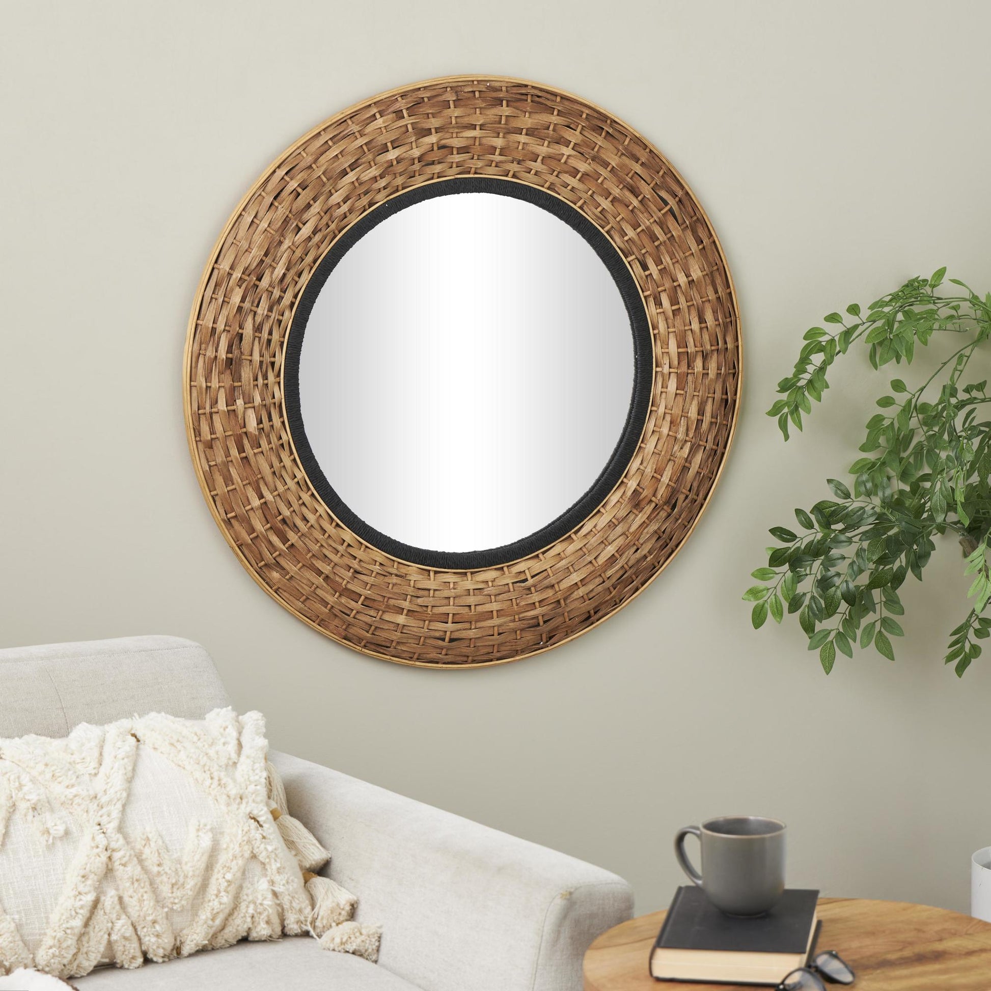 Tribal Brown Seagrass Handmade Room Wall Mirror with Black Inner Frame