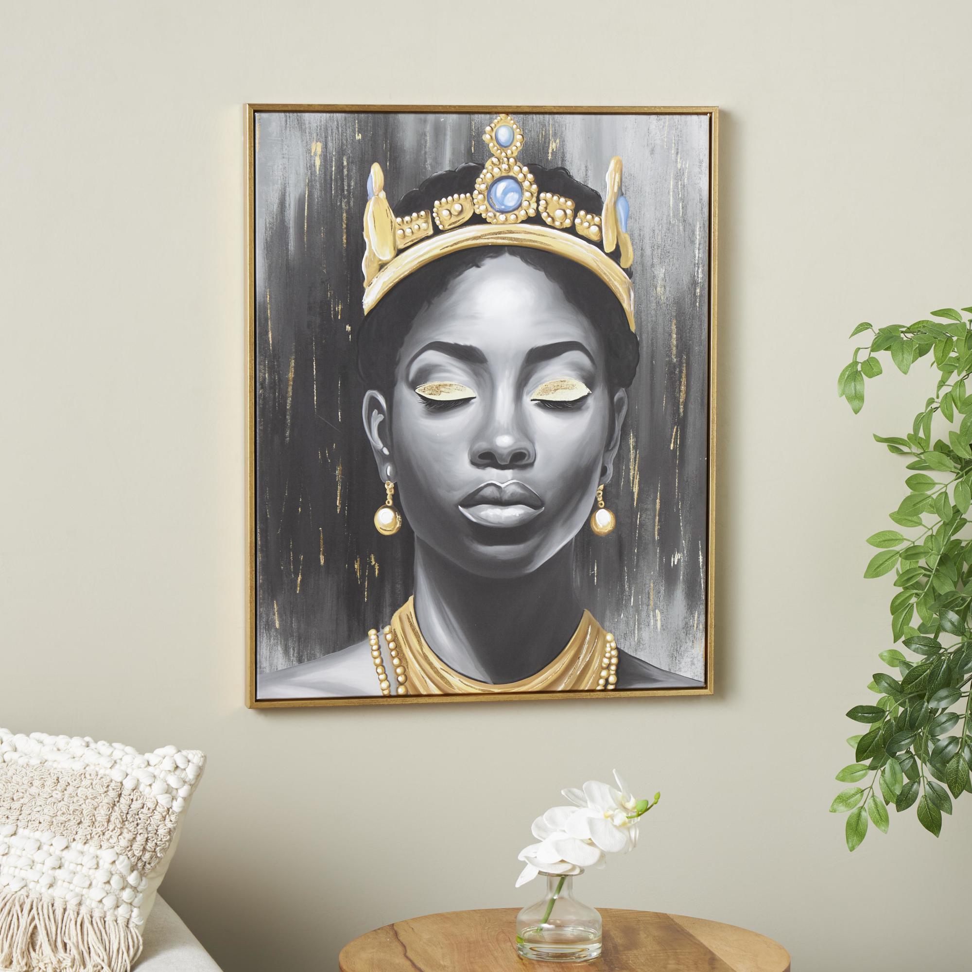 Woman Black Canvas Shaded Living Room Framed Wall Art with Blue Crown and Gold Foil Accents