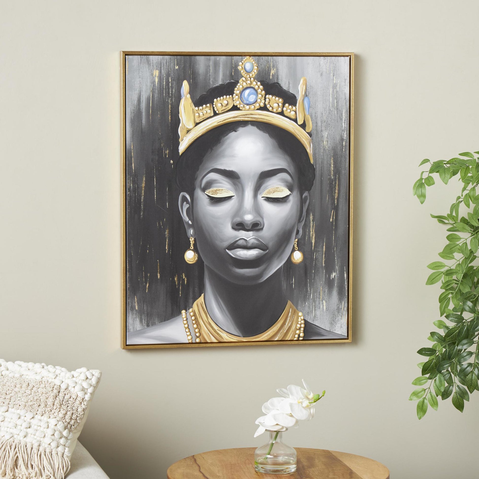 Woman Black Canvas Shaded Living Room Framed Wall Art with Blue Crown and Gold Foil Accents