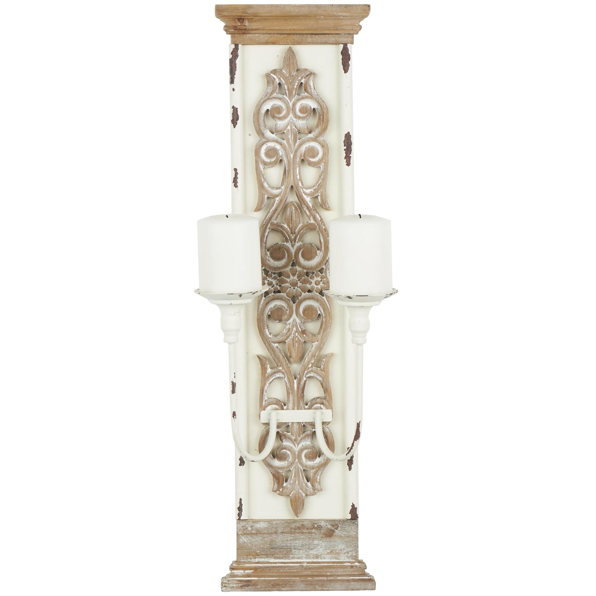 Scroll Brown Wood Pillar 2 Plate Indoor Outdoor Wall Sconce