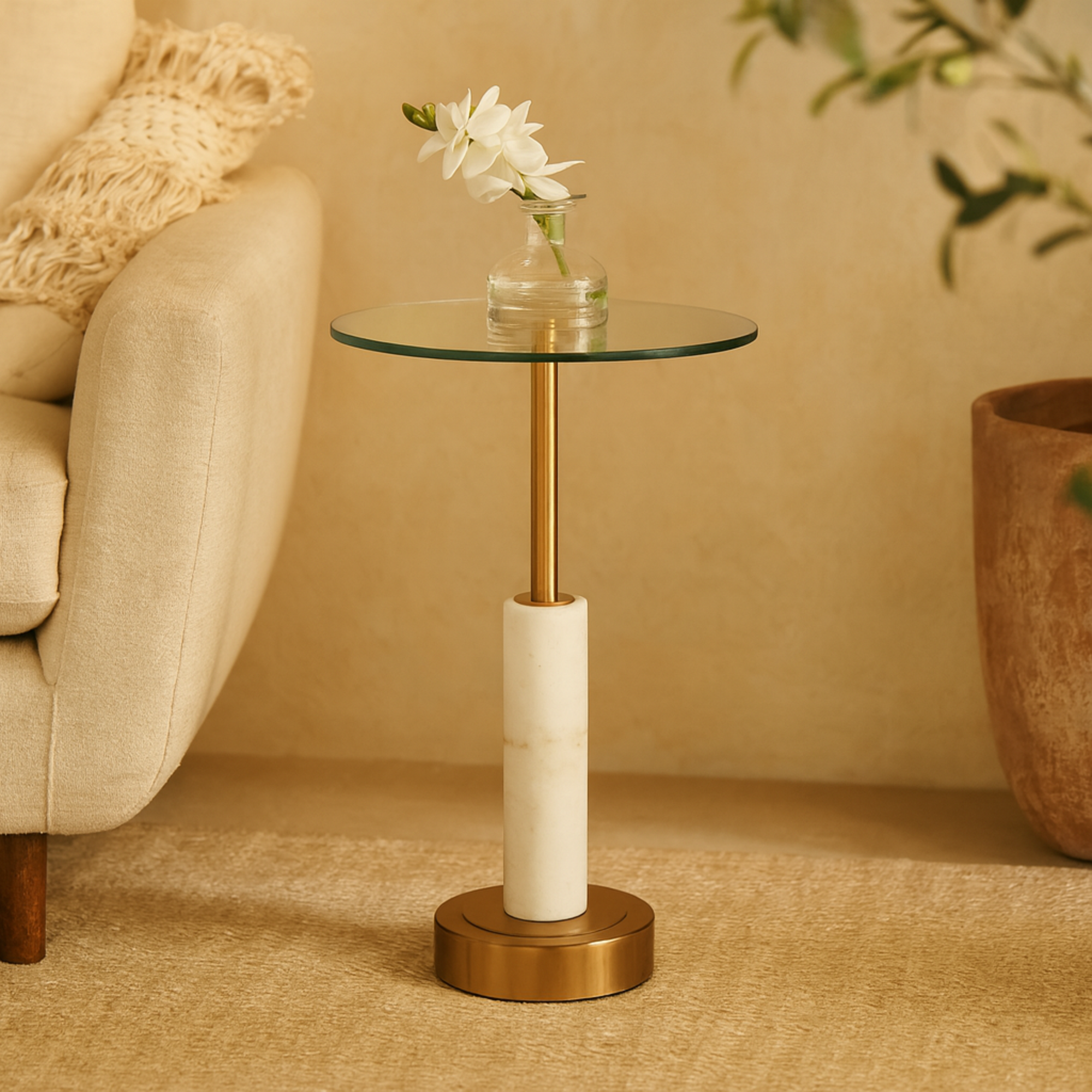 Marble Round Side End Accent Table with Silver Metal Rod and Base