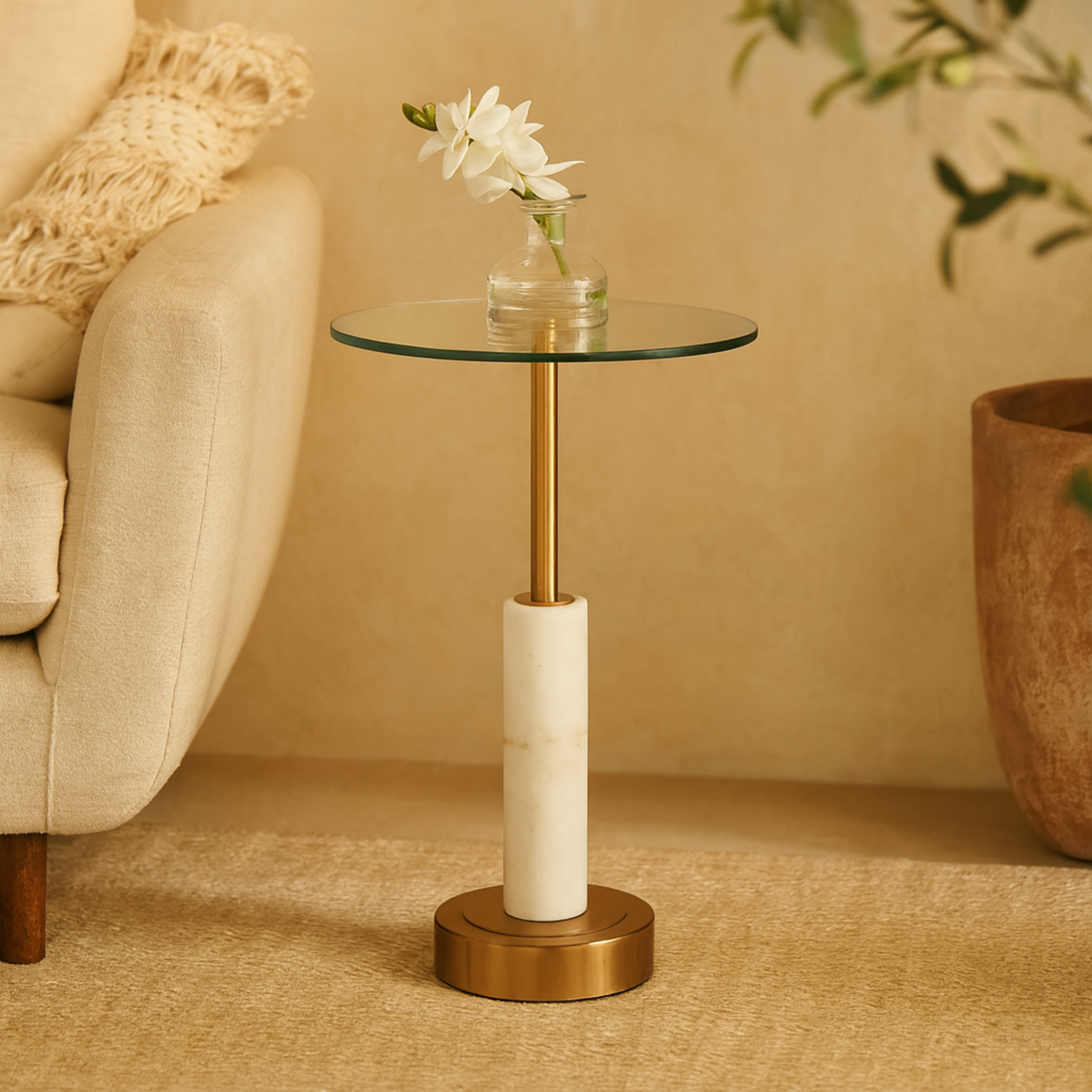 Marble Round Side End Accent Table with Silver Metal Rod and Base
