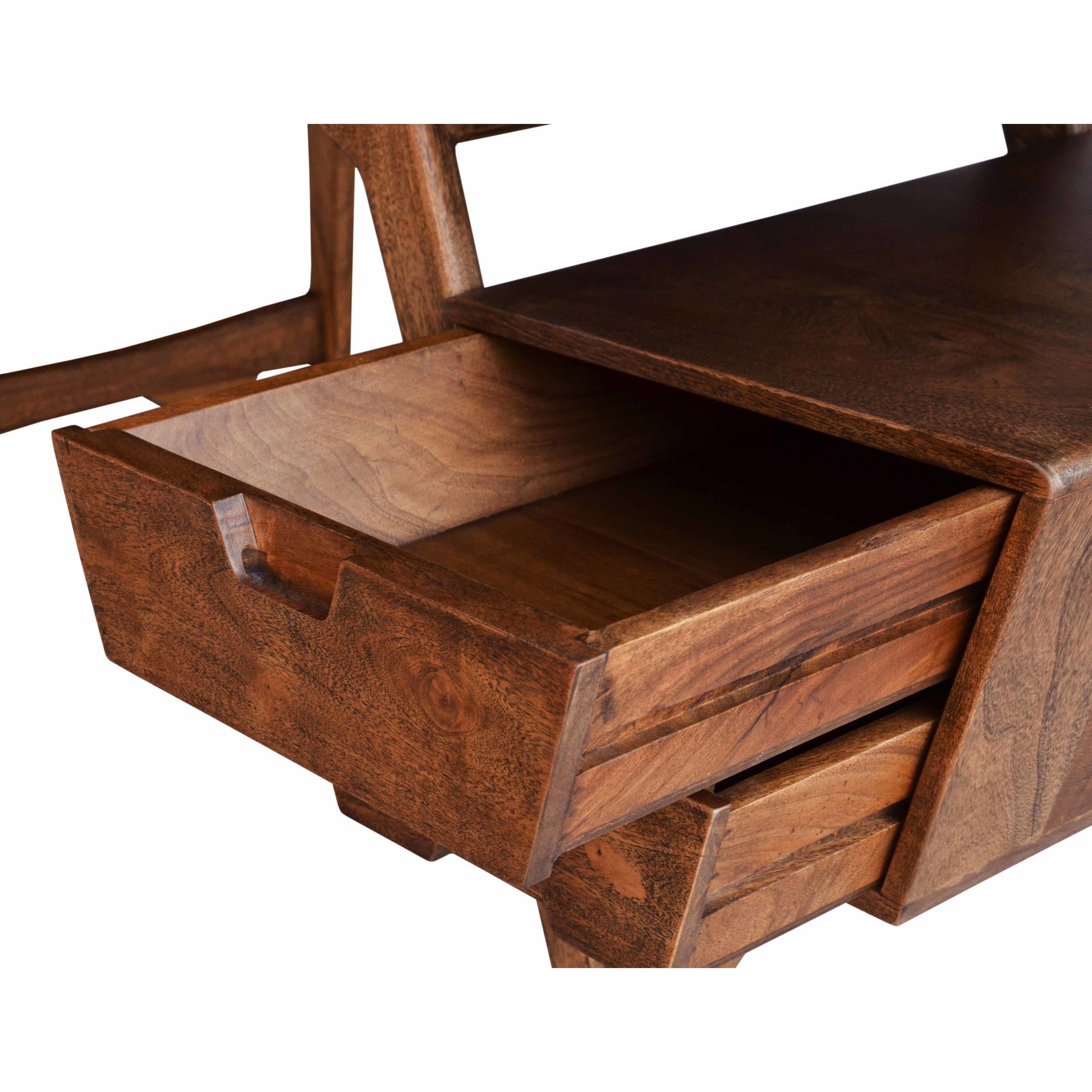 Geometric Brown Wood 3 Drawer Desk with Trapezoid Floating Side Shelf