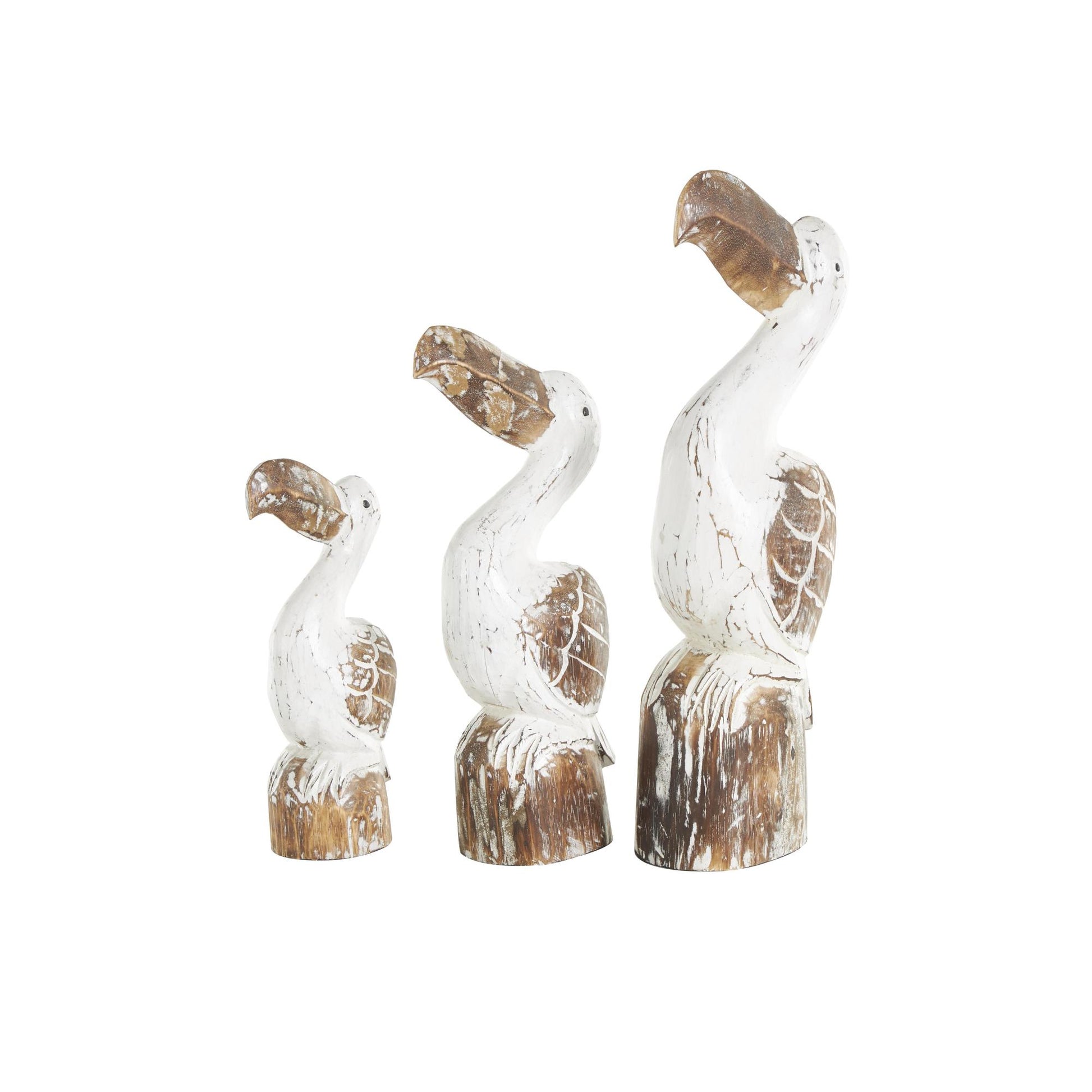 Set of 3 Pelican White Wood Handmade Distressed Decorative Sculpture with Brown Accents