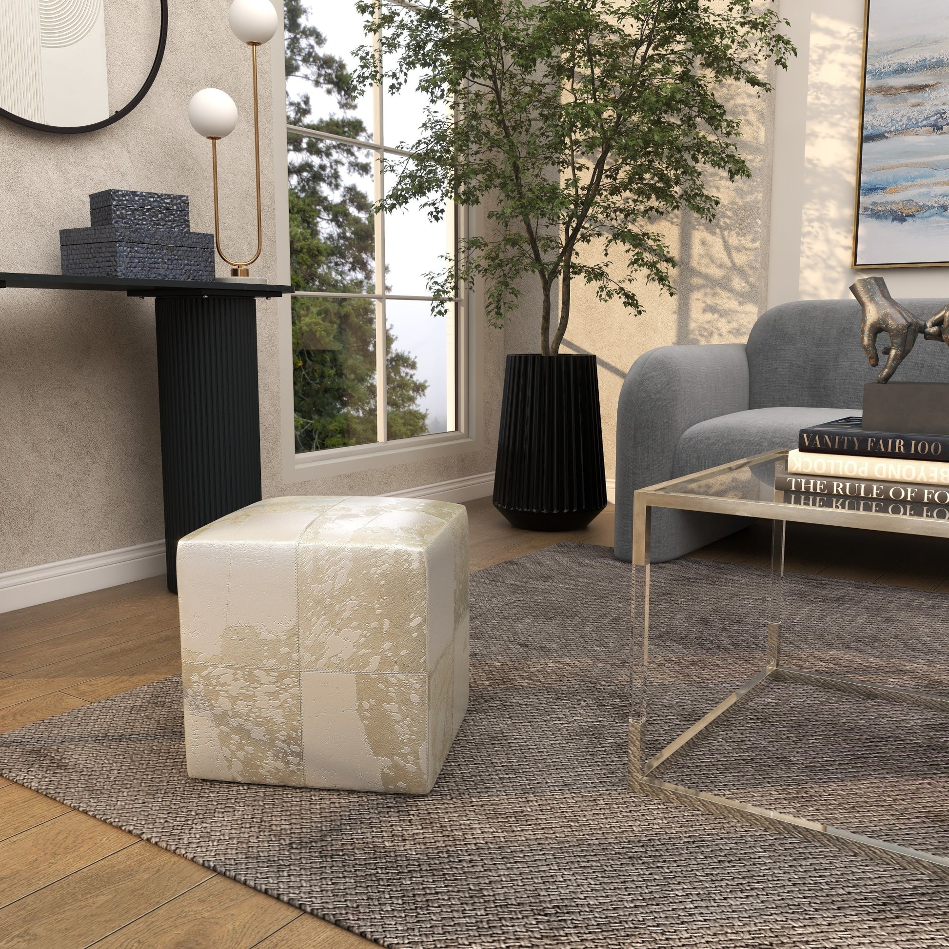 Leather Handmade Cowhide Living Room Stool with Patchwork Pattern