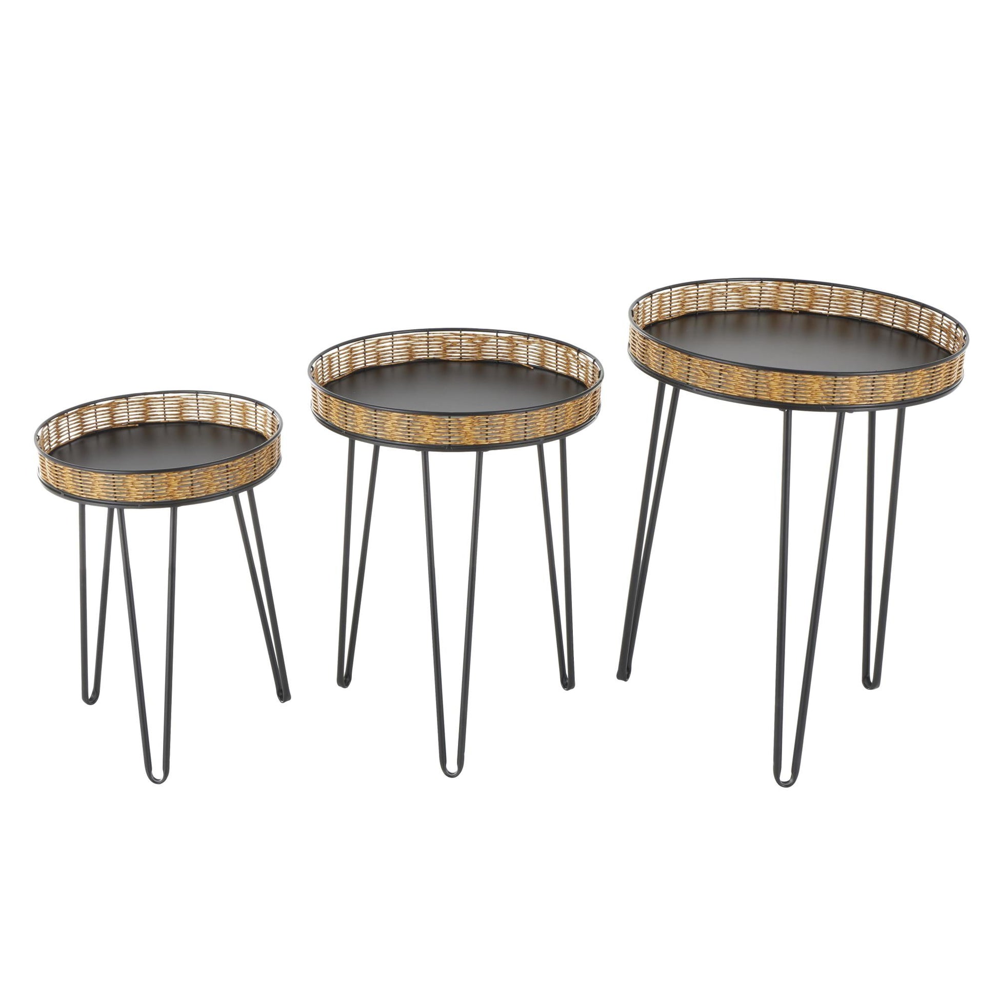 Set of 3 Black Metal Handmade Side End Accent Table with Rattan Edges Tabletops