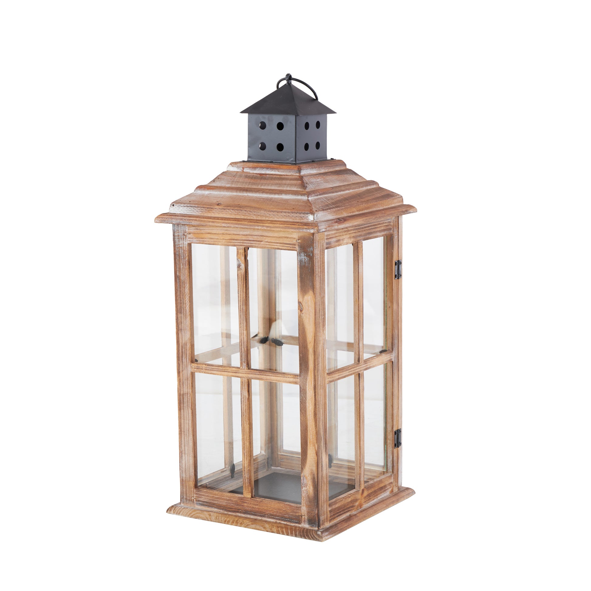 Wood Lighthouse Style Decorative Indoor Outdoor Candle Lantern with Black Ring Handle 9" x 9" x 22"
