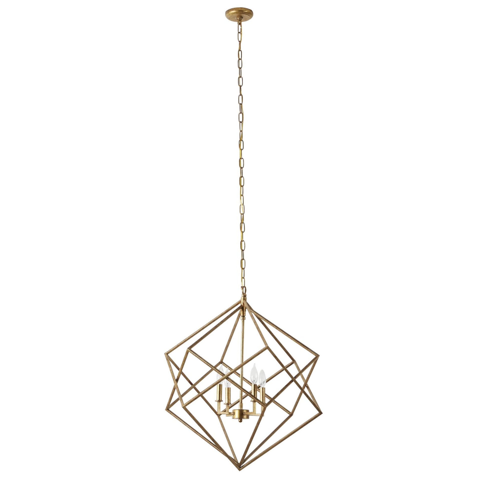 Geometric Gold Metal Caged 4 Light Room Chandelier with Link Style Chain