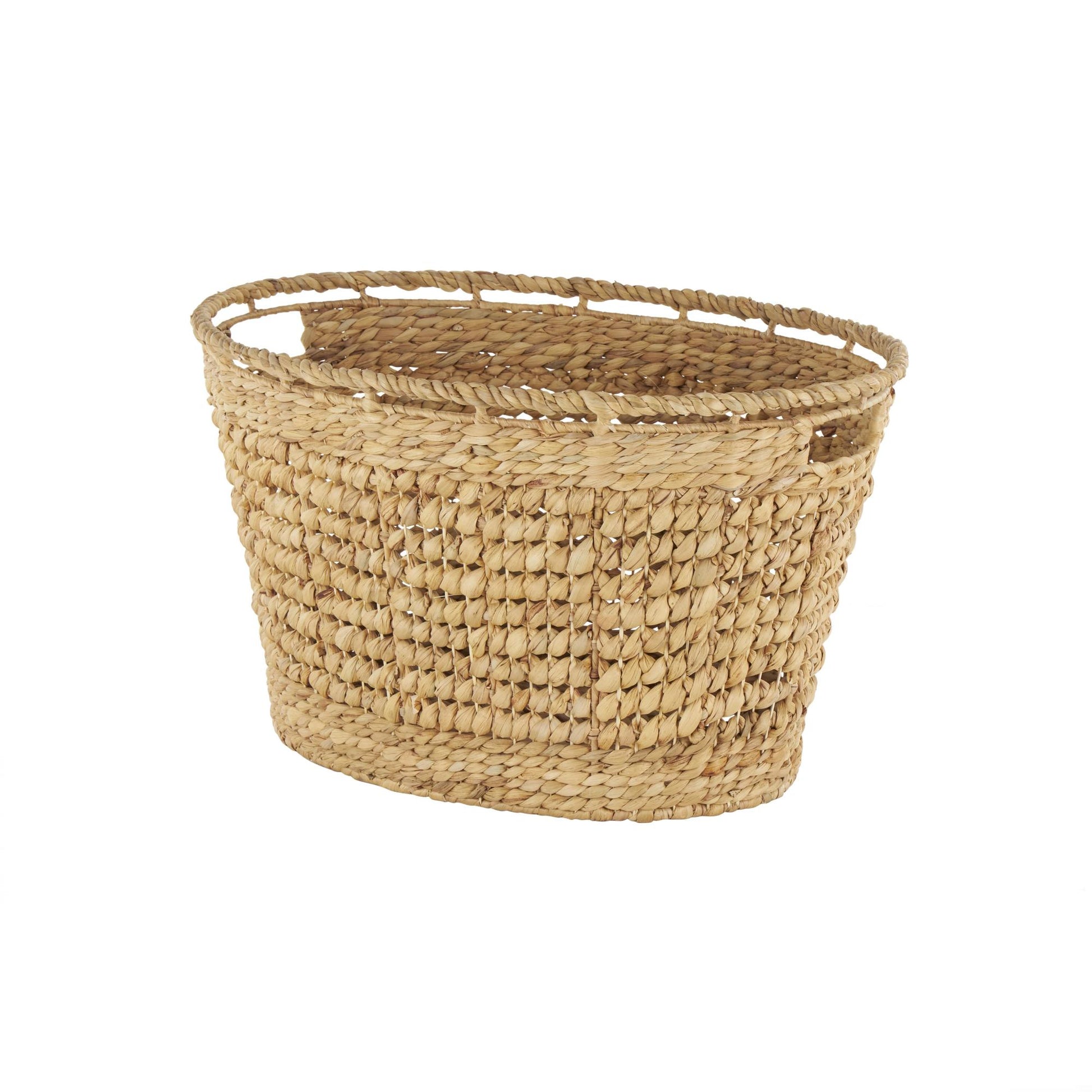 Brown Seagrass Handmade Woven Oval Decorative and Functional Storage Basket with Elevated Rim and Slot Handles