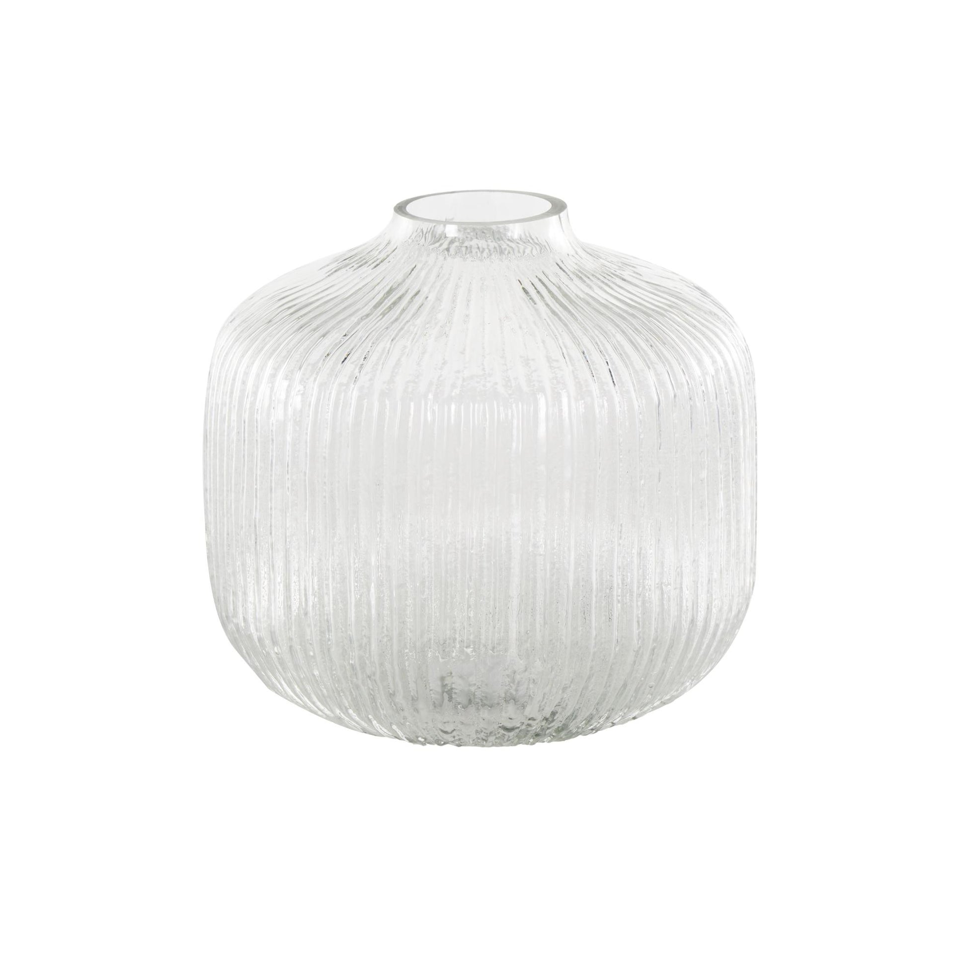Clear Glass Short Round Ribbed Fluted Decorative Vase