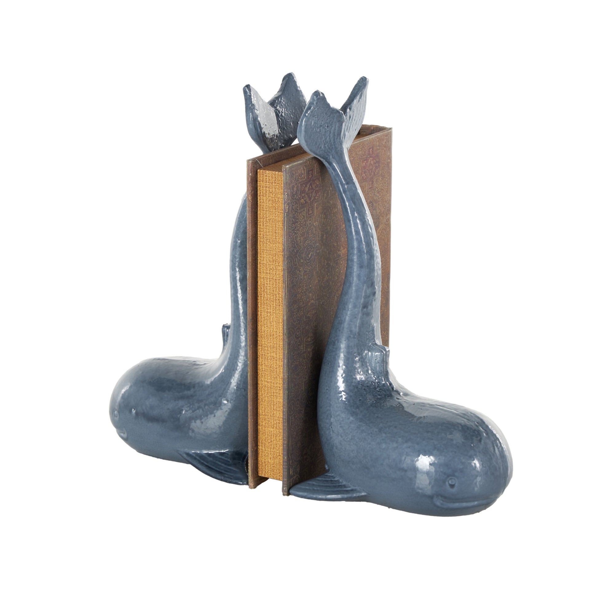 Set of 2 Dolphin Blue Metal Decorative Bookends with Raised Tails