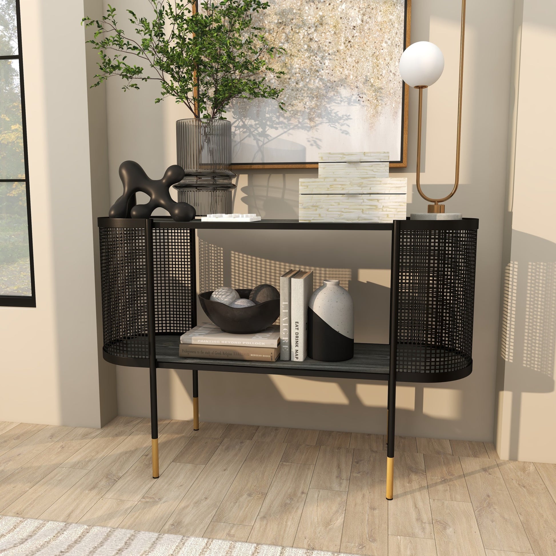 Black Metal Mesh Side Panel Living Room Console Table with Open Center Storage