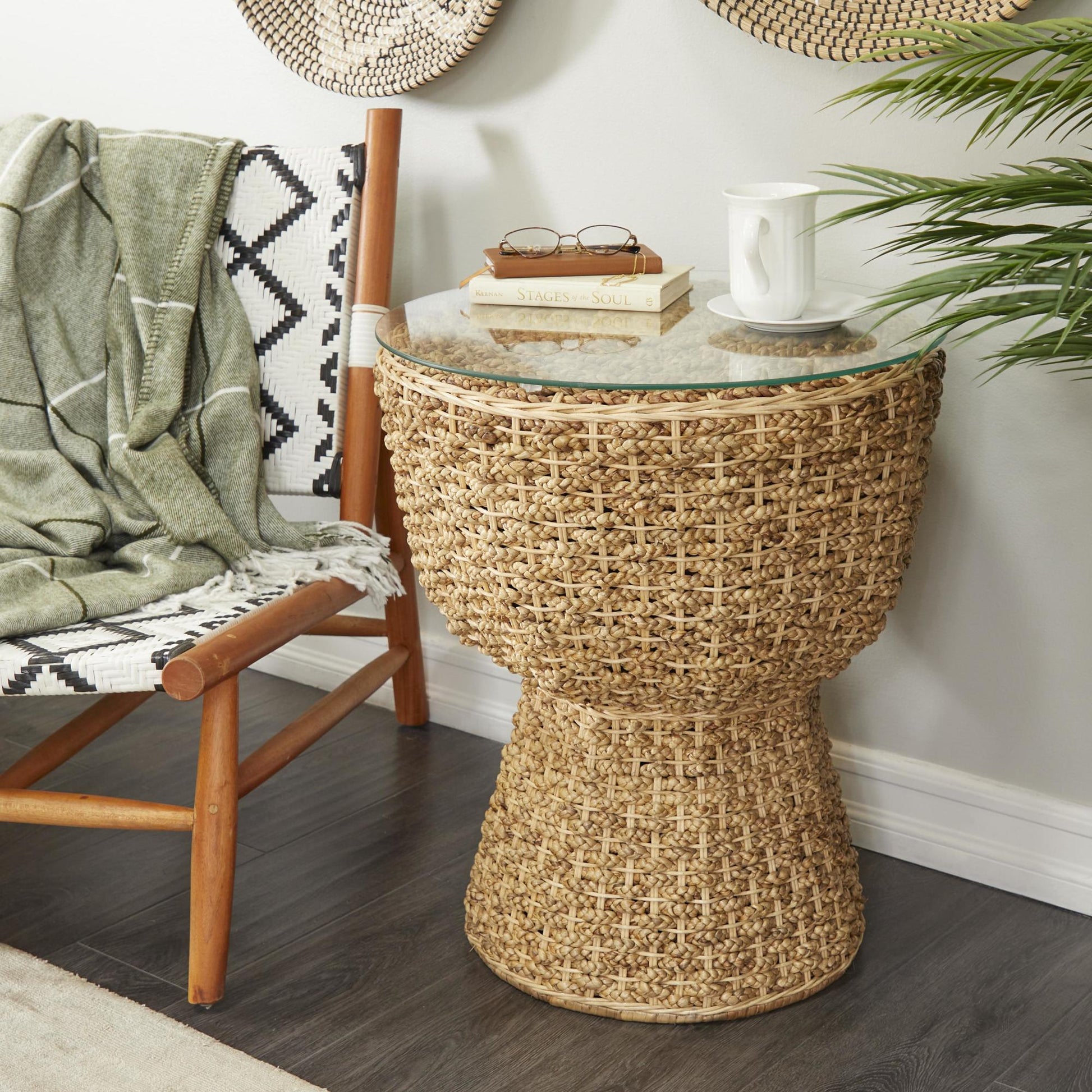 Brown Seagrass Handmade Woven Side End Accent Table with Glass Top