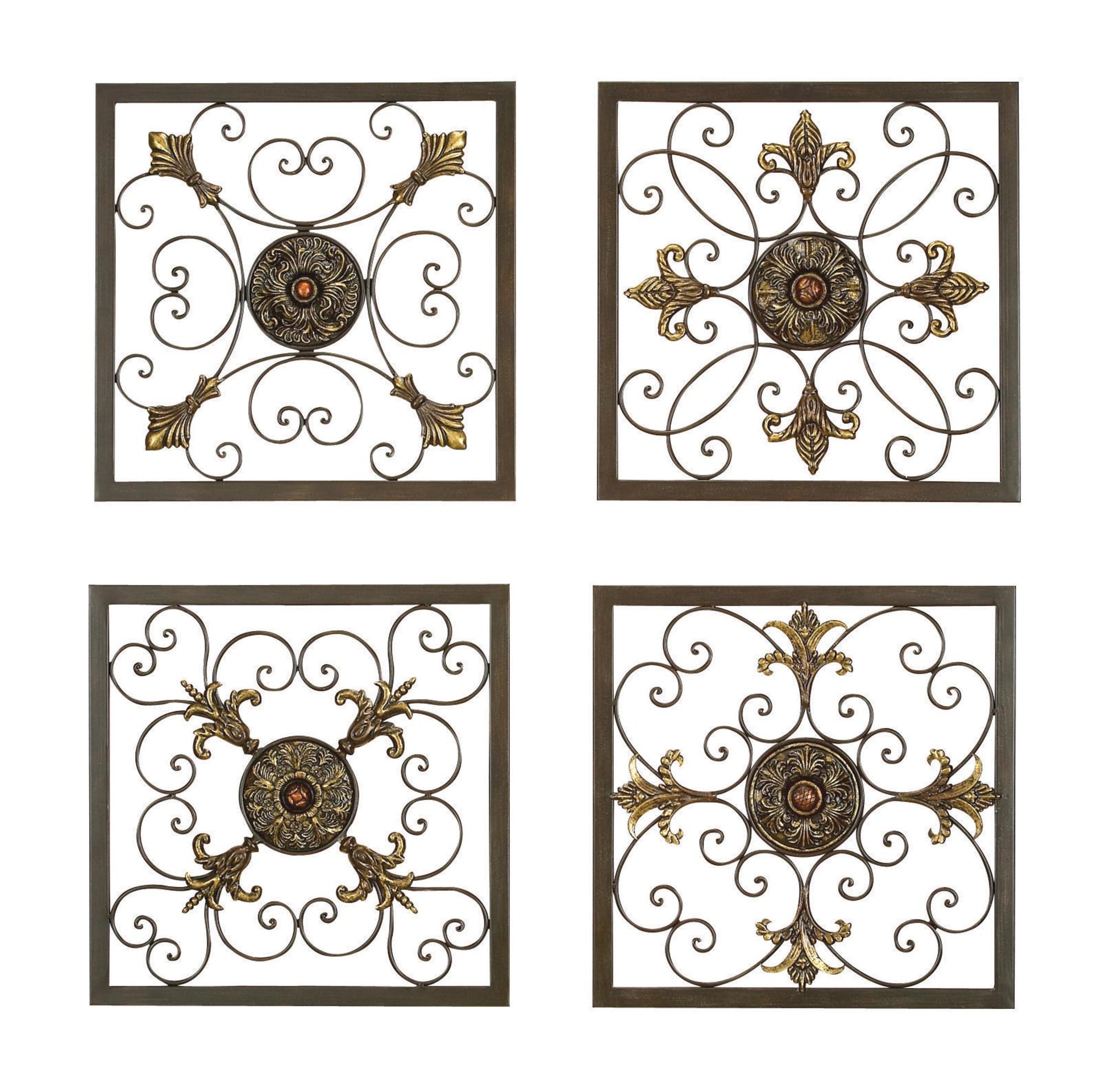 Set of 4 Fleur De Lis Brown Metal Wire Scroll Home Wall Decor with Gold Accents