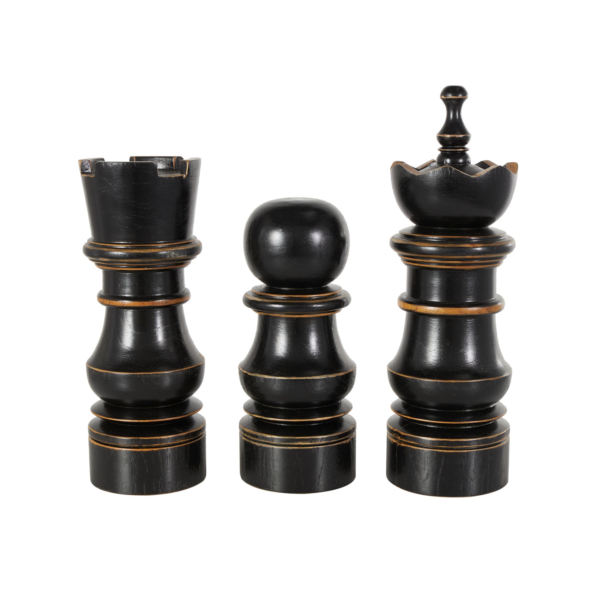 Set of 3 Chess Black Teak Wood Decorative Sculpture with Brown Accents