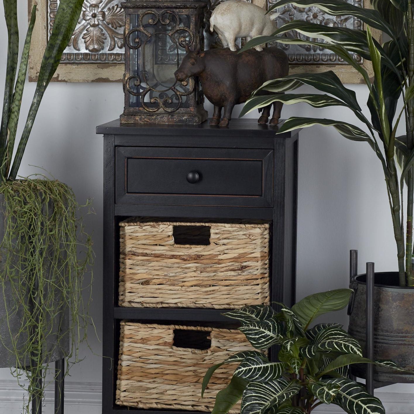 Wood 1 Drawer Room Storage Unit with 2 Wicker Basket Drawers 16" x 13" x 28"