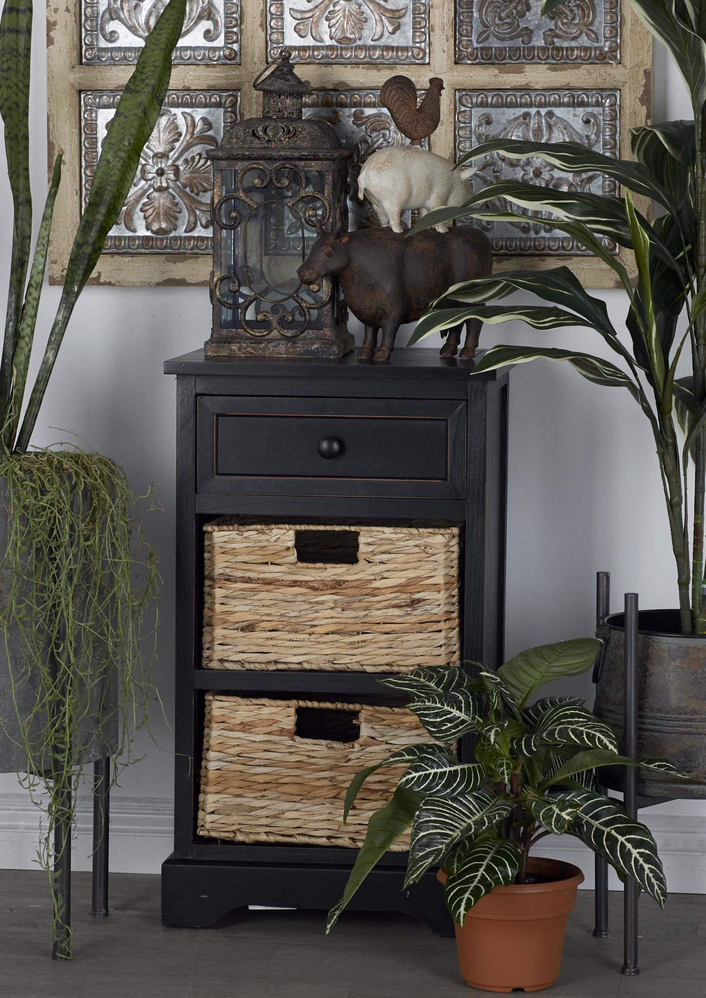 Wood 1 Drawer Room Storage Unit with 2 Wicker Basket Drawers 16" x 13" x 28"