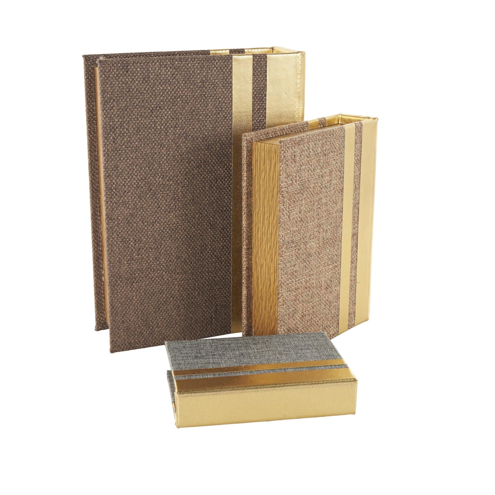 Set of 3 Brown Linen Fabric Textured Faux Book Storage Decorative Box with Gold Faux Leather