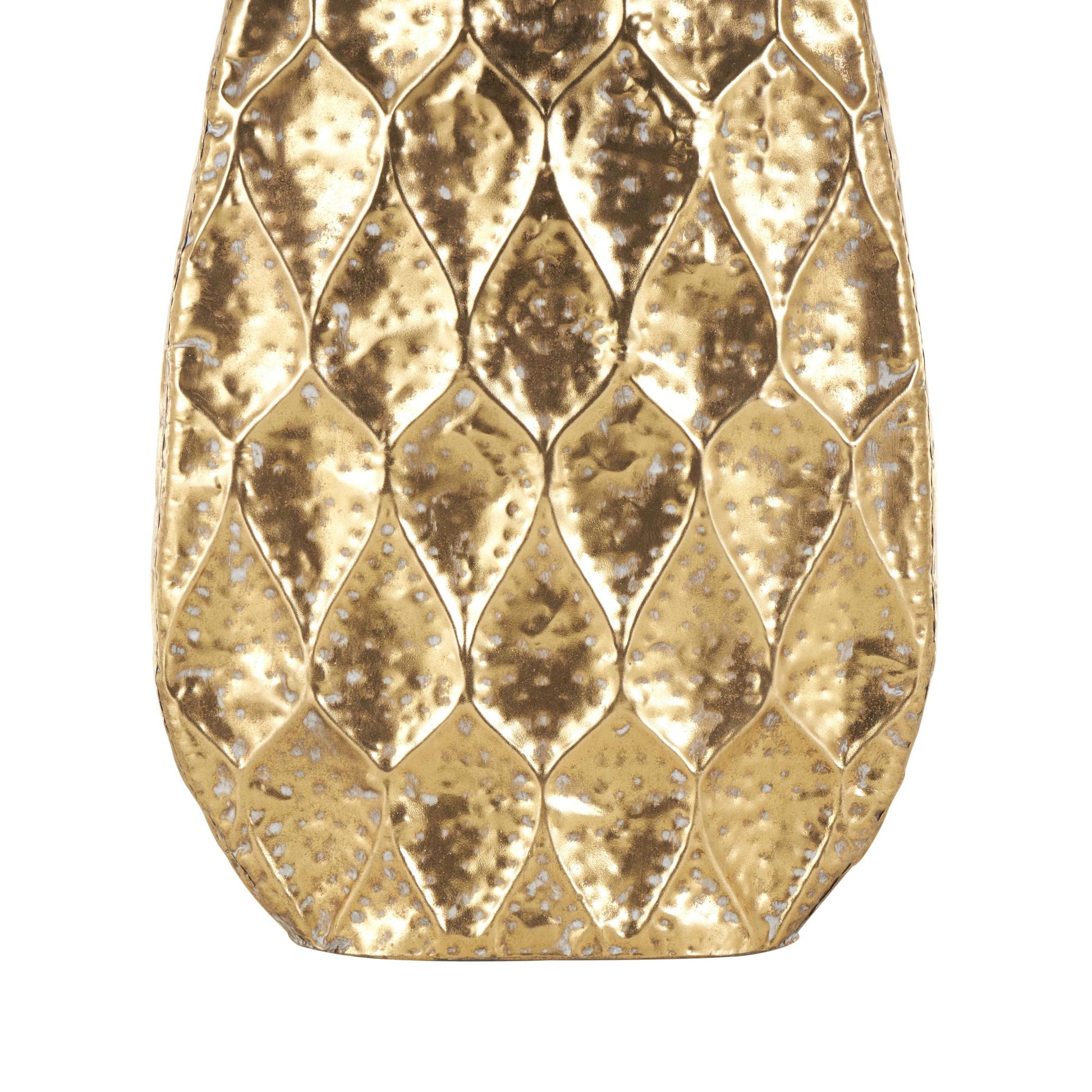 Gold Metal Textured Concaved Teardrop Decorative Vase with Peacock Inspired Design