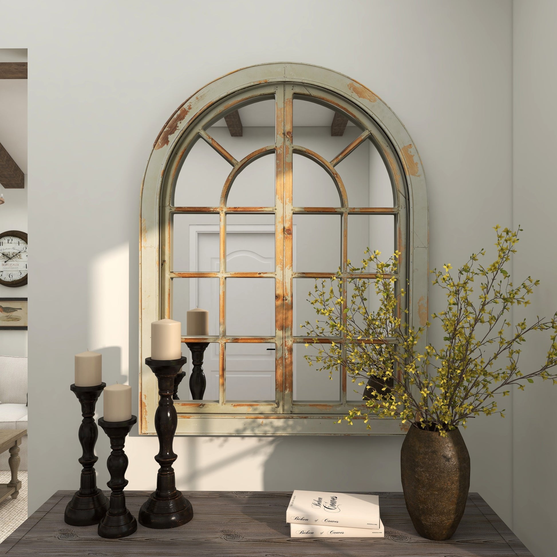 Wood Window Pane Inspired Room Wall Mirror with Arched Top and Distressing
